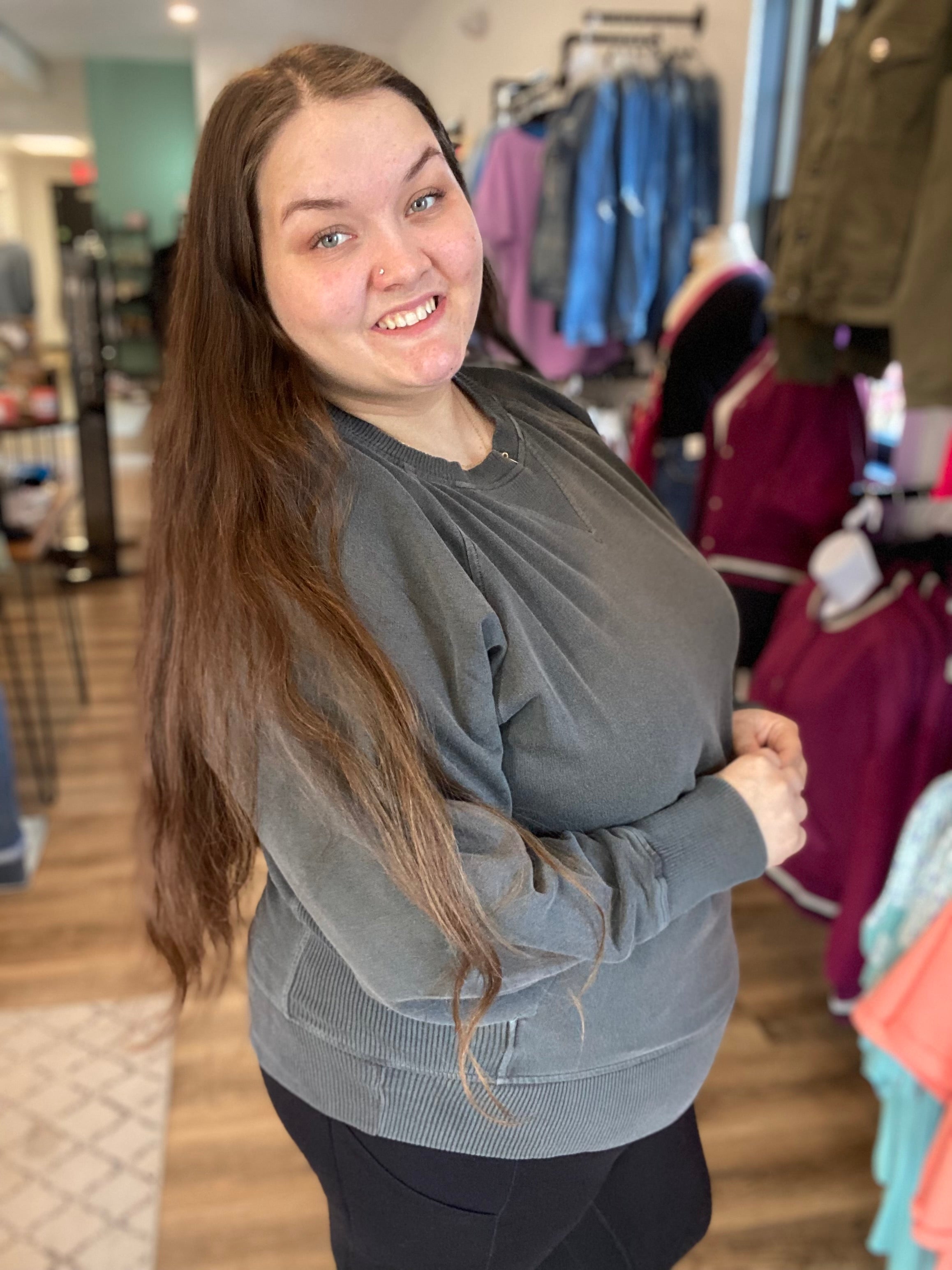 Shop Pigment Dyed Pullover with Pockets - Black-Sweatshirt at Ruby Joy Boutique, a Women's Clothing Store in Pickerington, Ohio