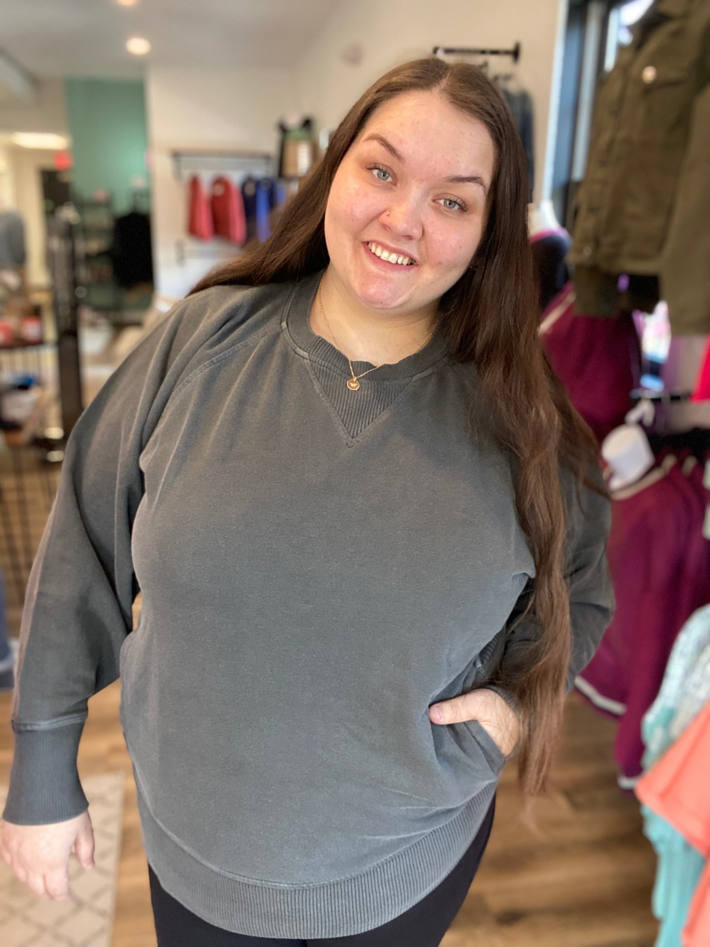 Shop Pigment Dyed Pullover with Pockets - Black-Sweatshirt at Ruby Joy Boutique, a Women's Clothing Store in Pickerington, Ohio