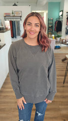 Shop Pigment Dyed Pullover with Pockets - Black-Sweatshirt at Ruby Joy Boutique, a Women's Clothing Store in Pickerington, Ohio