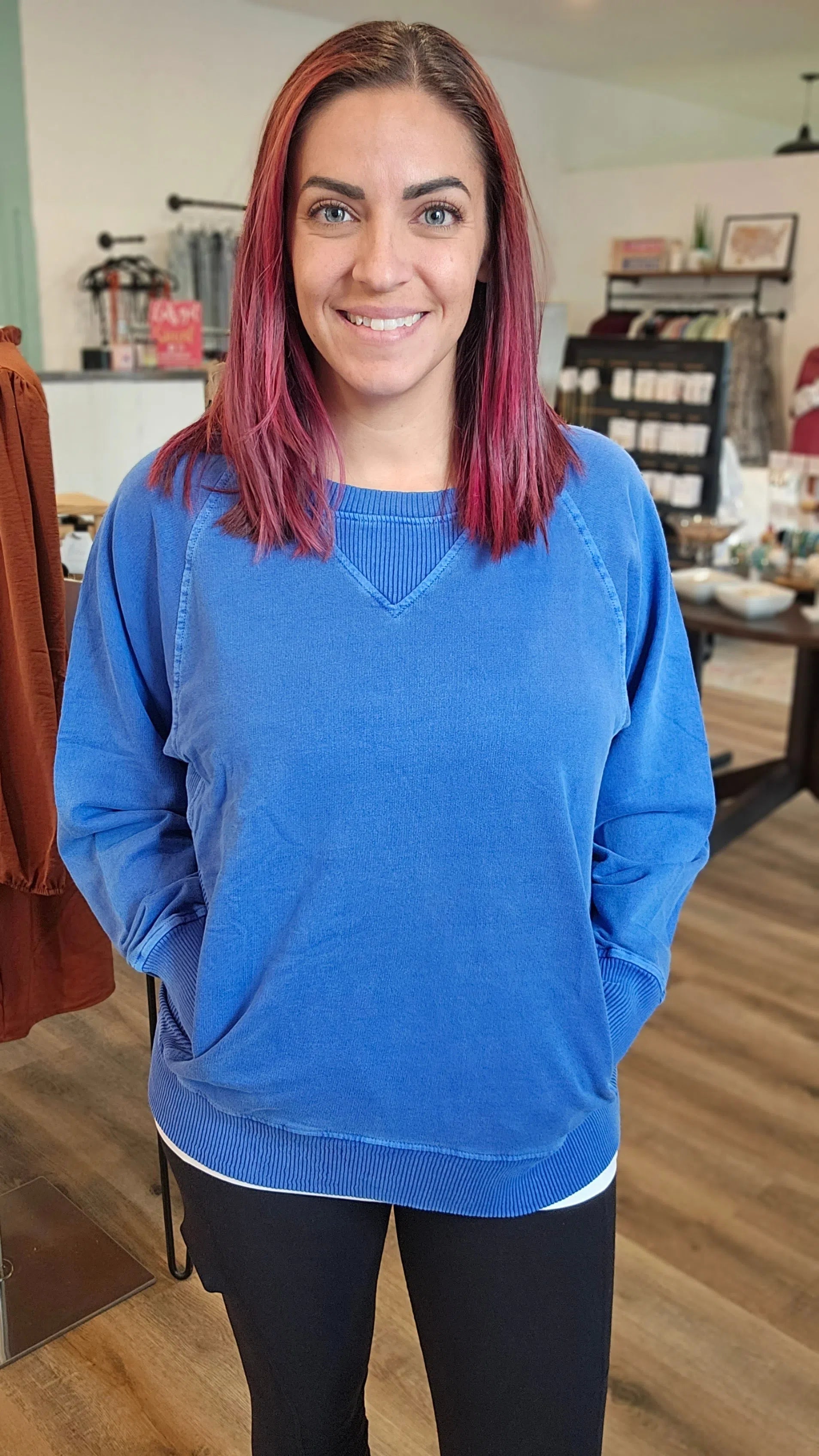 Shop Pigment Dyed Pullover with Pockets - Cobalt Blue-sweatshirt at Ruby Joy Boutique, a Women's Clothing Store in Pickerington, Ohio
