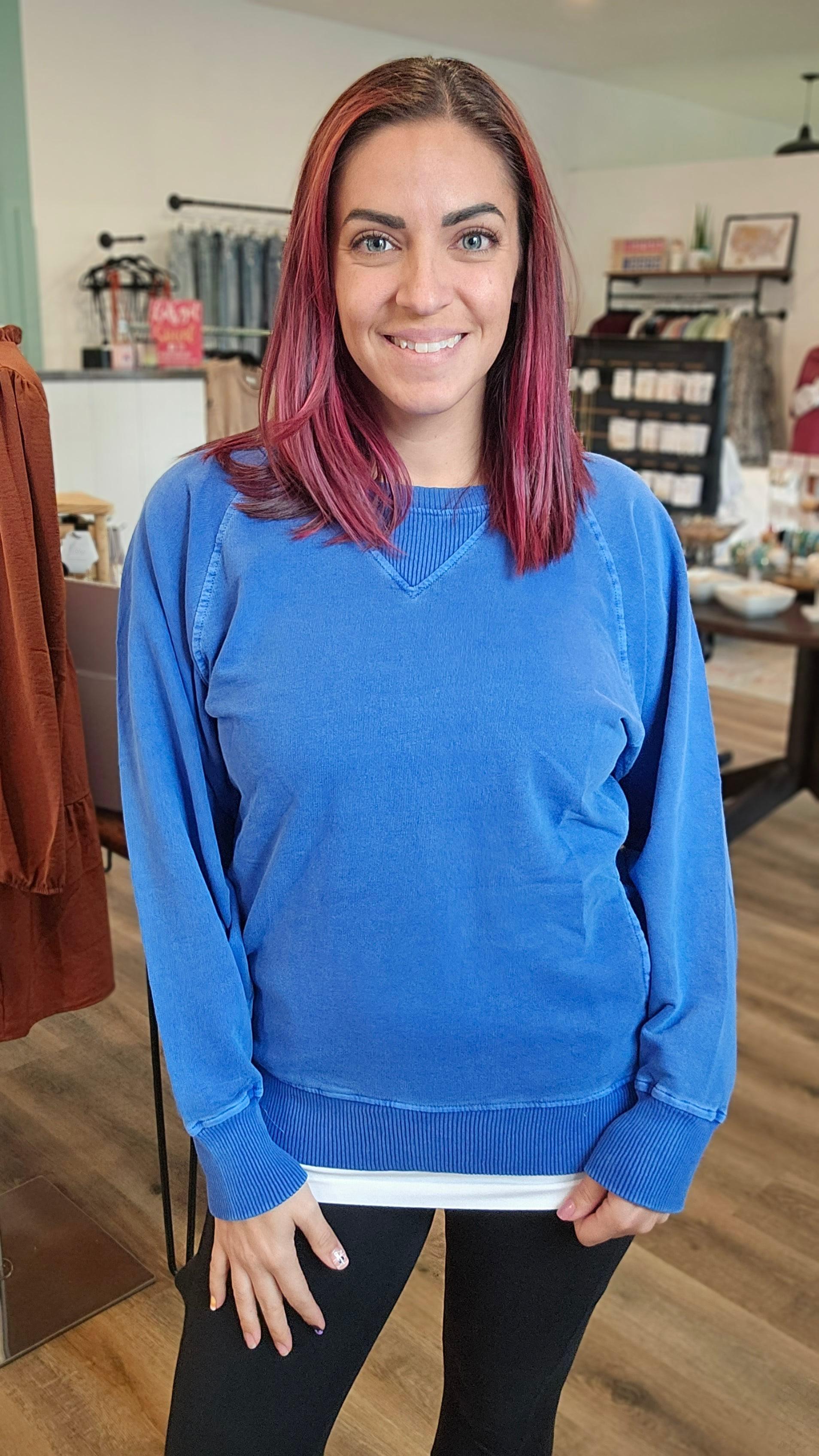 Shop Pigment Dyed Pullover with Pockets - Cobalt Blue-sweatshirt at Ruby Joy Boutique, a Women's Clothing Store in Pickerington, Ohio