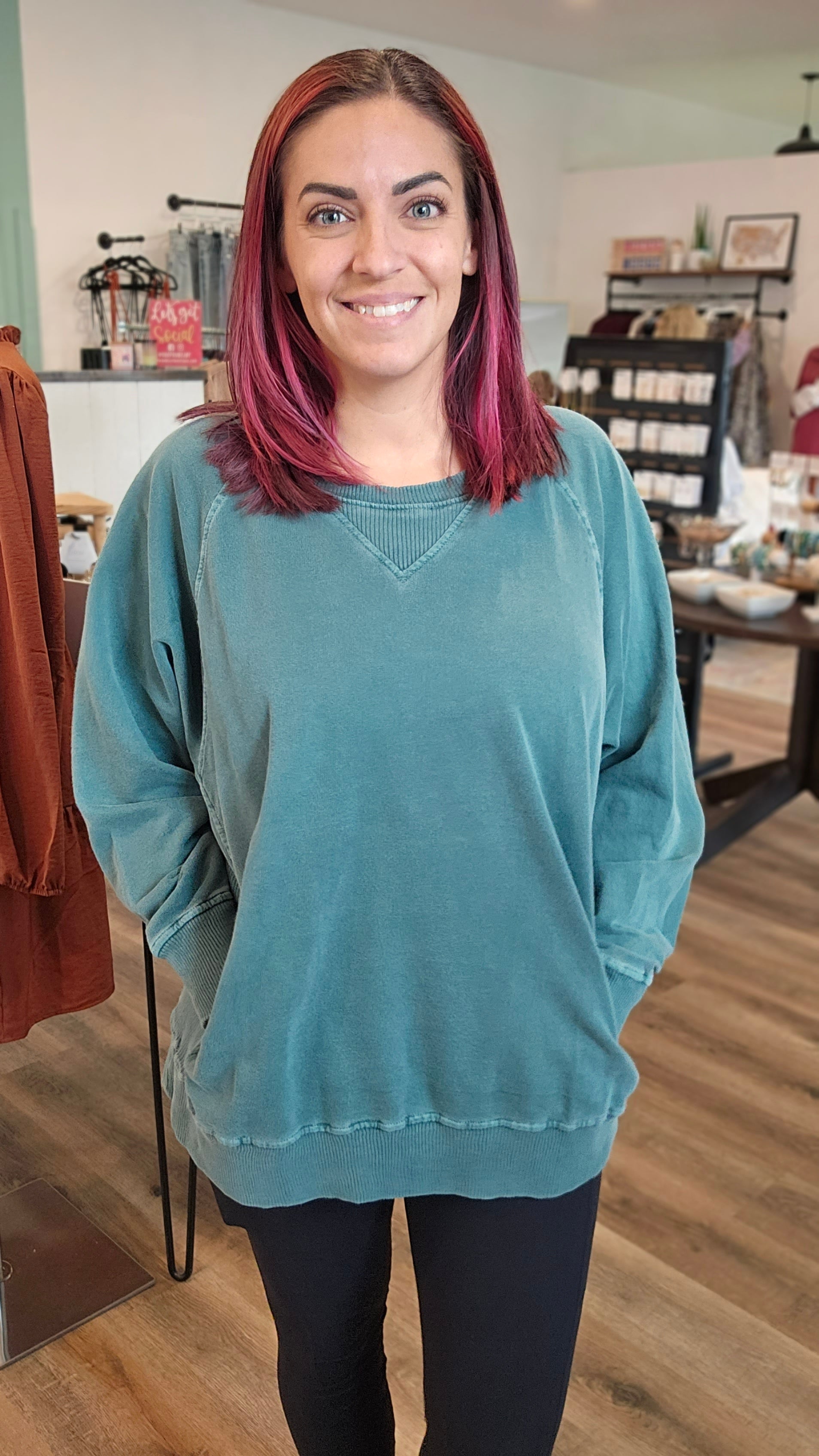 Shop Pigment Dyed Pullover with Pockets - Hunter Green-sweatshirt at Ruby Joy Boutique, a Women's Clothing Store in Pickerington, Ohio