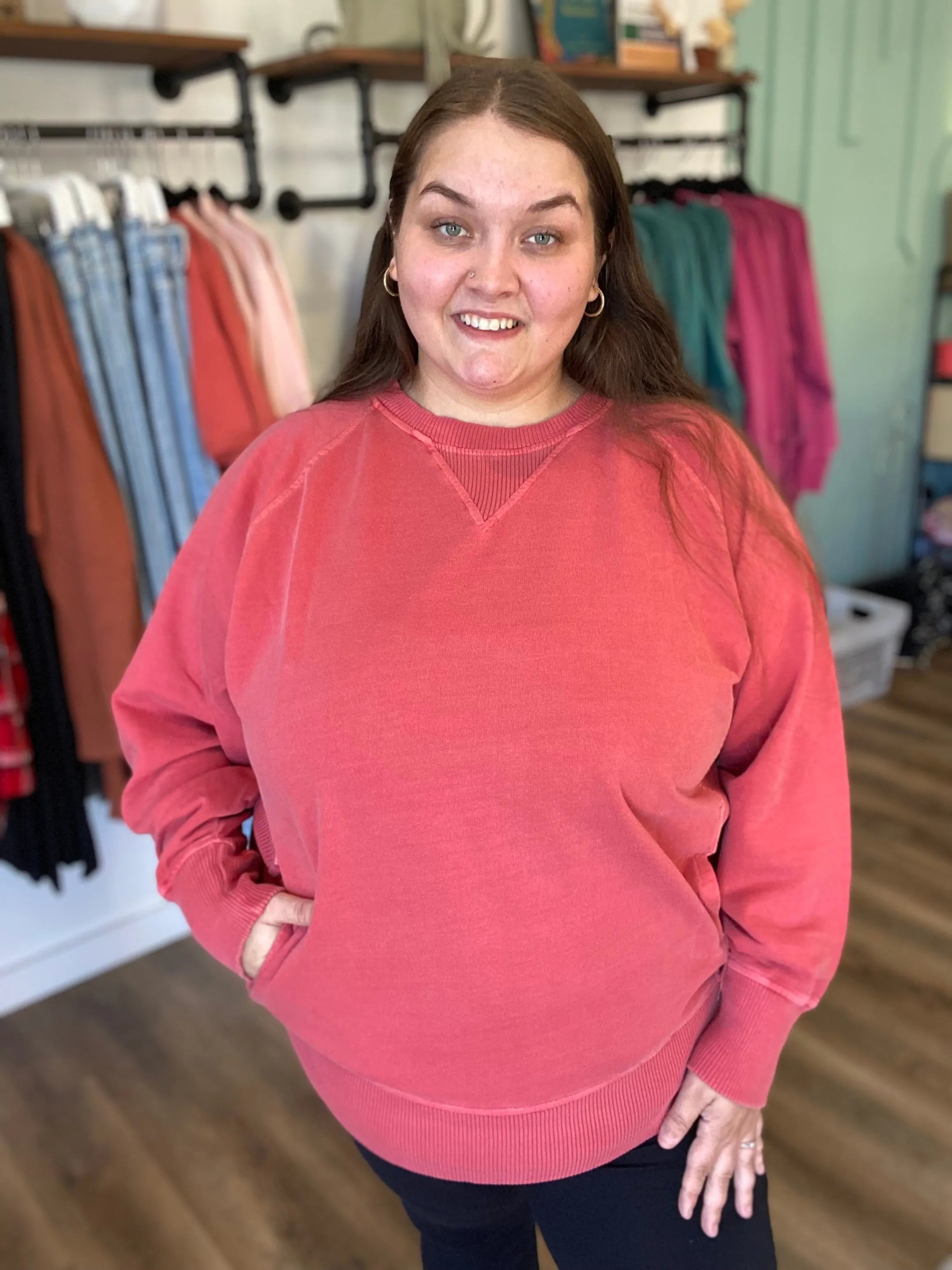 Shop Pigment Dyed Pullover with Pockets - Ruby- at Ruby Joy Boutique, a Women's Clothing Store in Pickerington, Ohio