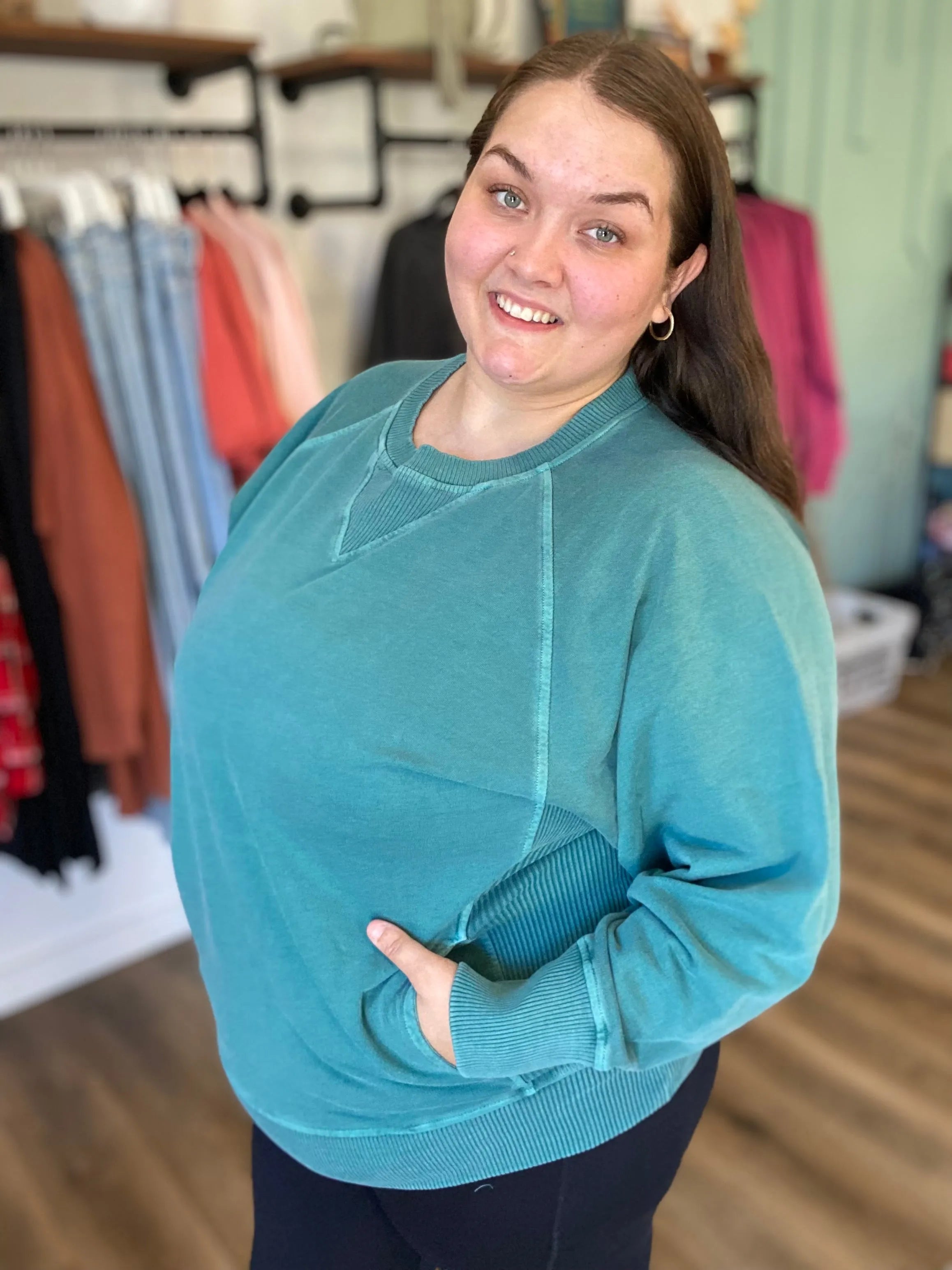 Shop Pigment Dyed Pullover with Pockets - Teal- at Ruby Joy Boutique, a Women's Clothing Store in Pickerington, Ohio
