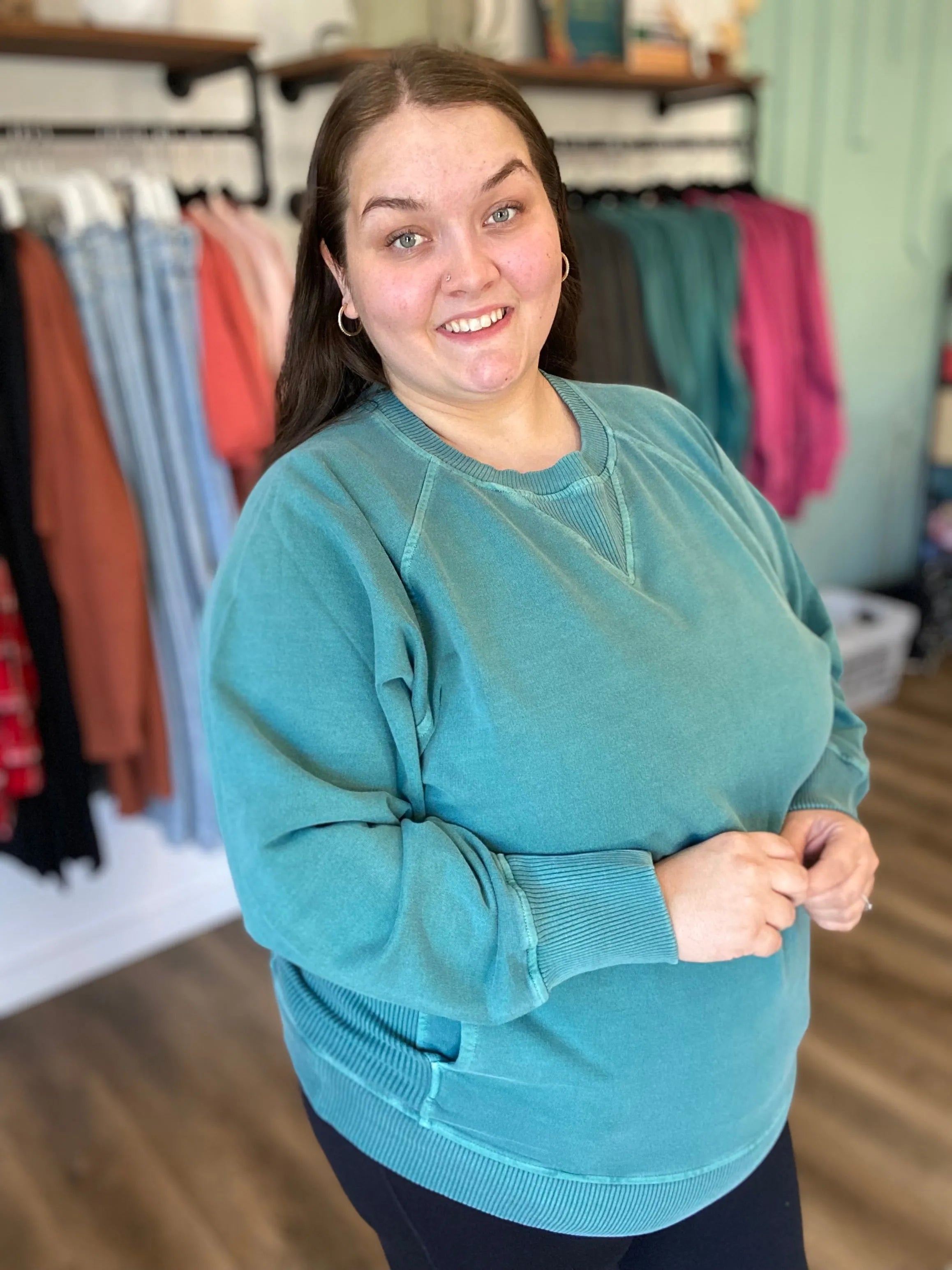 Shop Pigment Dyed Pullover with Pockets - Teal- at Ruby Joy Boutique, a Women's Clothing Store in Pickerington, Ohio