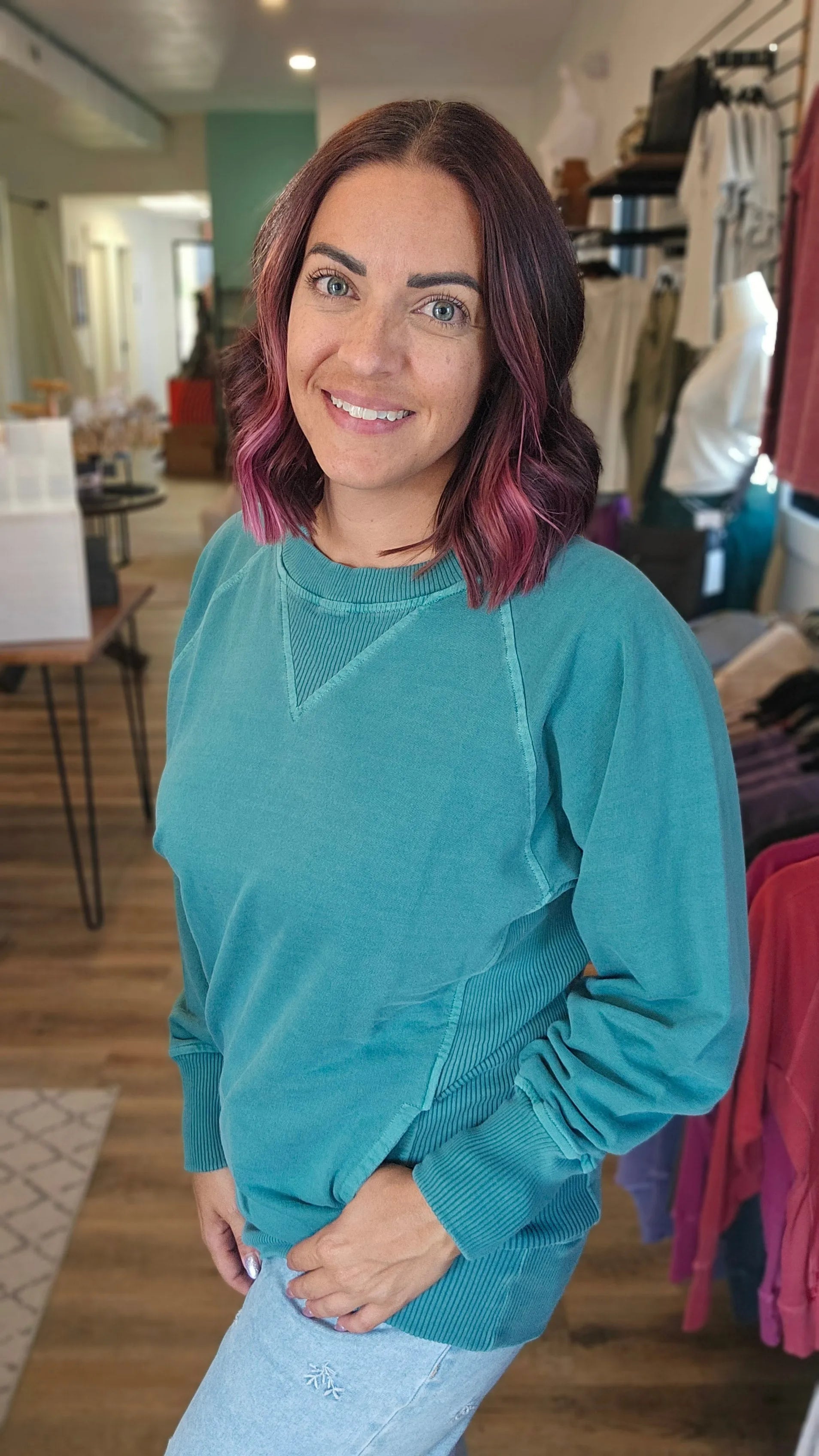 Shop Pigment Dyed Pullover with Pockets - Teal- at Ruby Joy Boutique, a Women's Clothing Store in Pickerington, Ohio