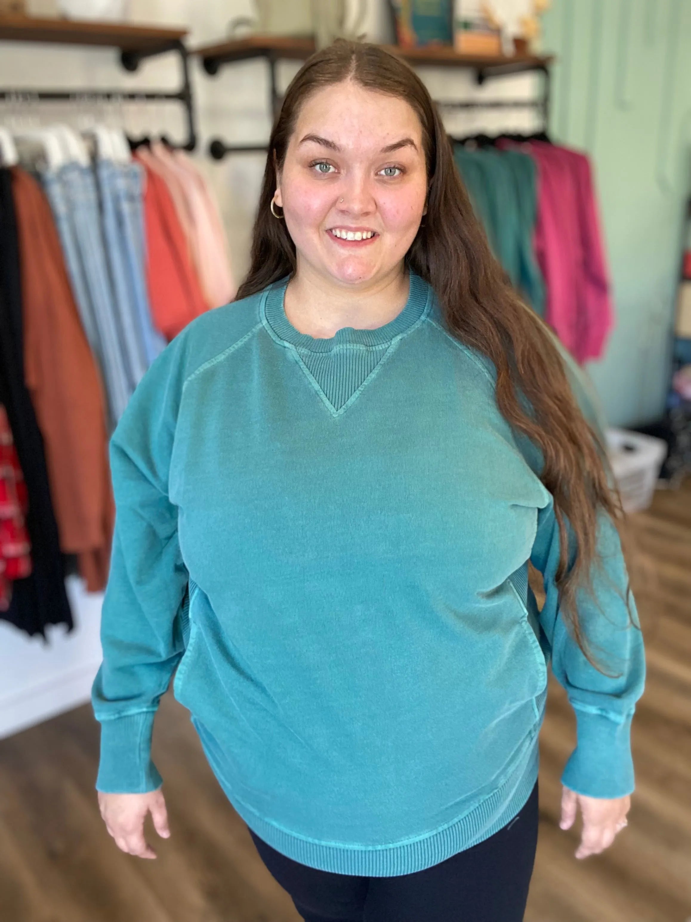 Shop Pigment Dyed Pullover with Pockets - Teal-XL at Ruby Joy Boutique, a Women's Clothing Store in Pickerington, Ohio