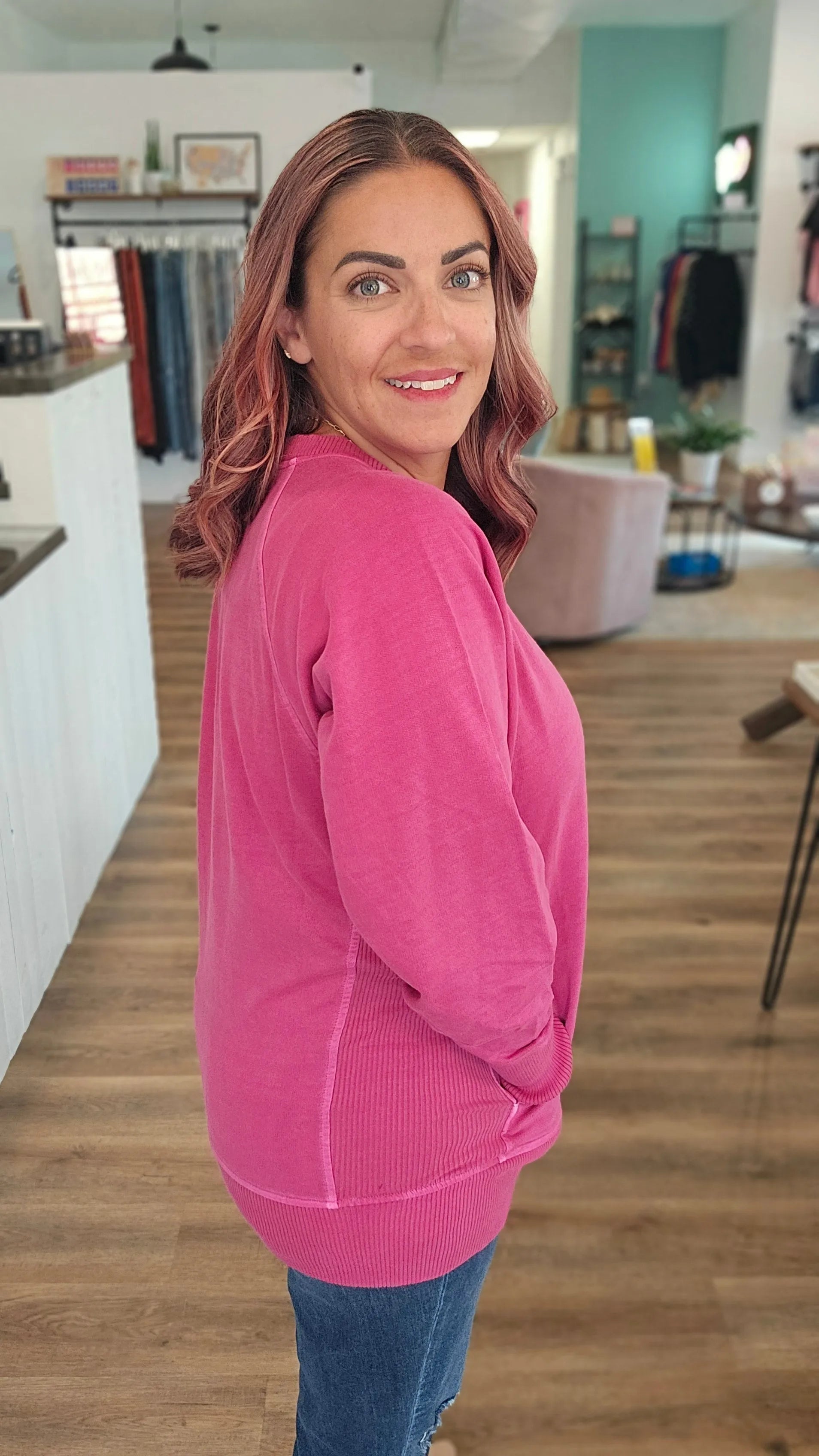 Shop Pigment Dyed Pullover with Pockets - Wine-Sweatshirt at Ruby Joy Boutique, a Women's Clothing Store in Pickerington, Ohio