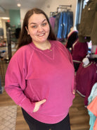 Shop Pigment Dyed Pullover with Pockets - Wine-Sweatshirt at Ruby Joy Boutique, a Women's Clothing Store in Pickerington, Ohio