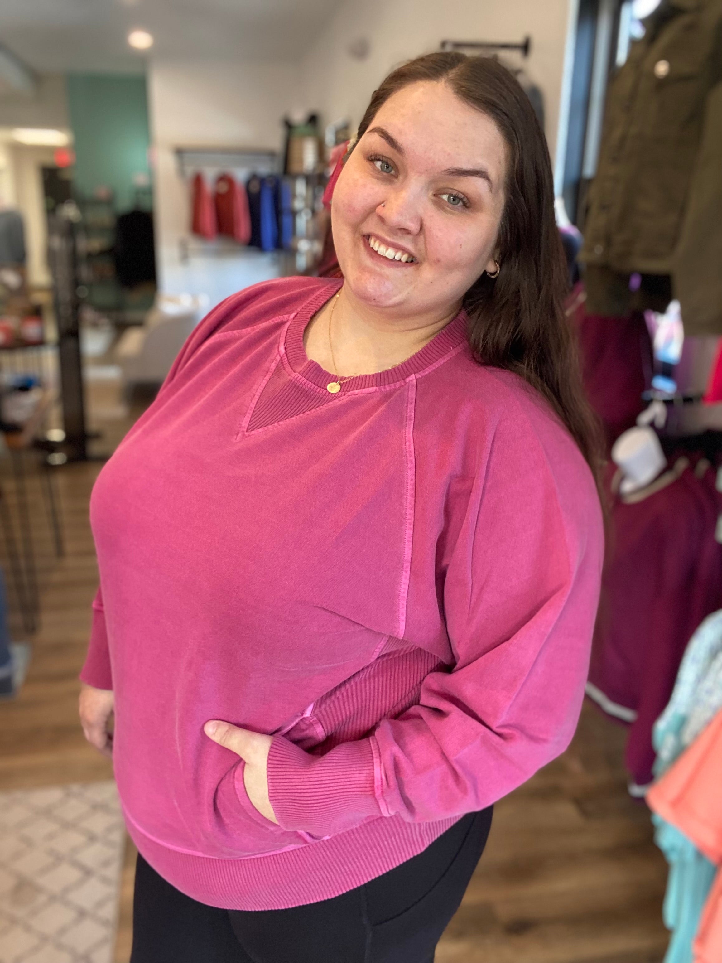 Shop Pigment Dyed Pullover with Pockets - Wine-Sweatshirt at Ruby Joy Boutique, a Women's Clothing Store in Pickerington, Ohio