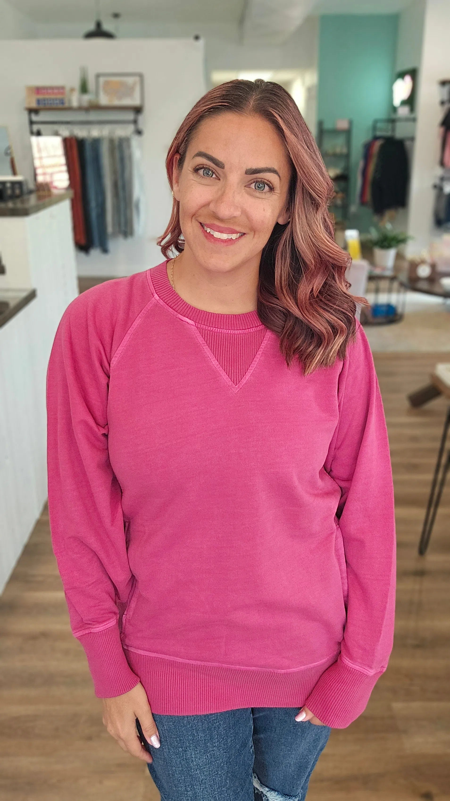 Shop Pigment Dyed Pullover with Pockets - Wine-Sweatshirt at Ruby Joy Boutique, a Women's Clothing Store in Pickerington, Ohio