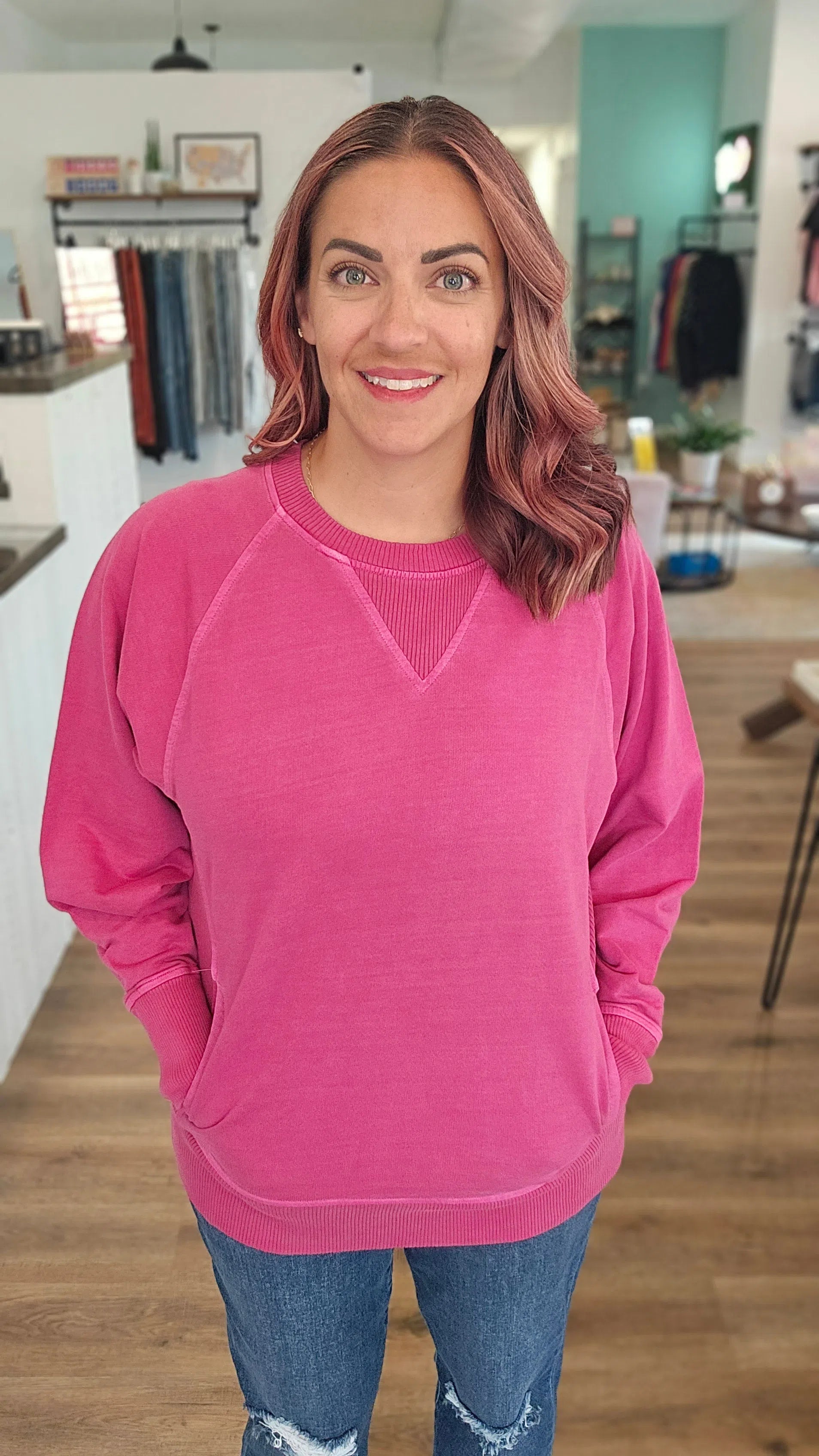 Shop Pigment Dyed Pullover with Pockets - Wine-Sweatshirt at Ruby Joy Boutique, a Women's Clothing Store in Pickerington, Ohio