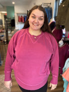 Shop Pigment Dyed Pullover with Pockets - Wine-Sweatshirt at Ruby Joy Boutique, a Women's Clothing Store in Pickerington, Ohio