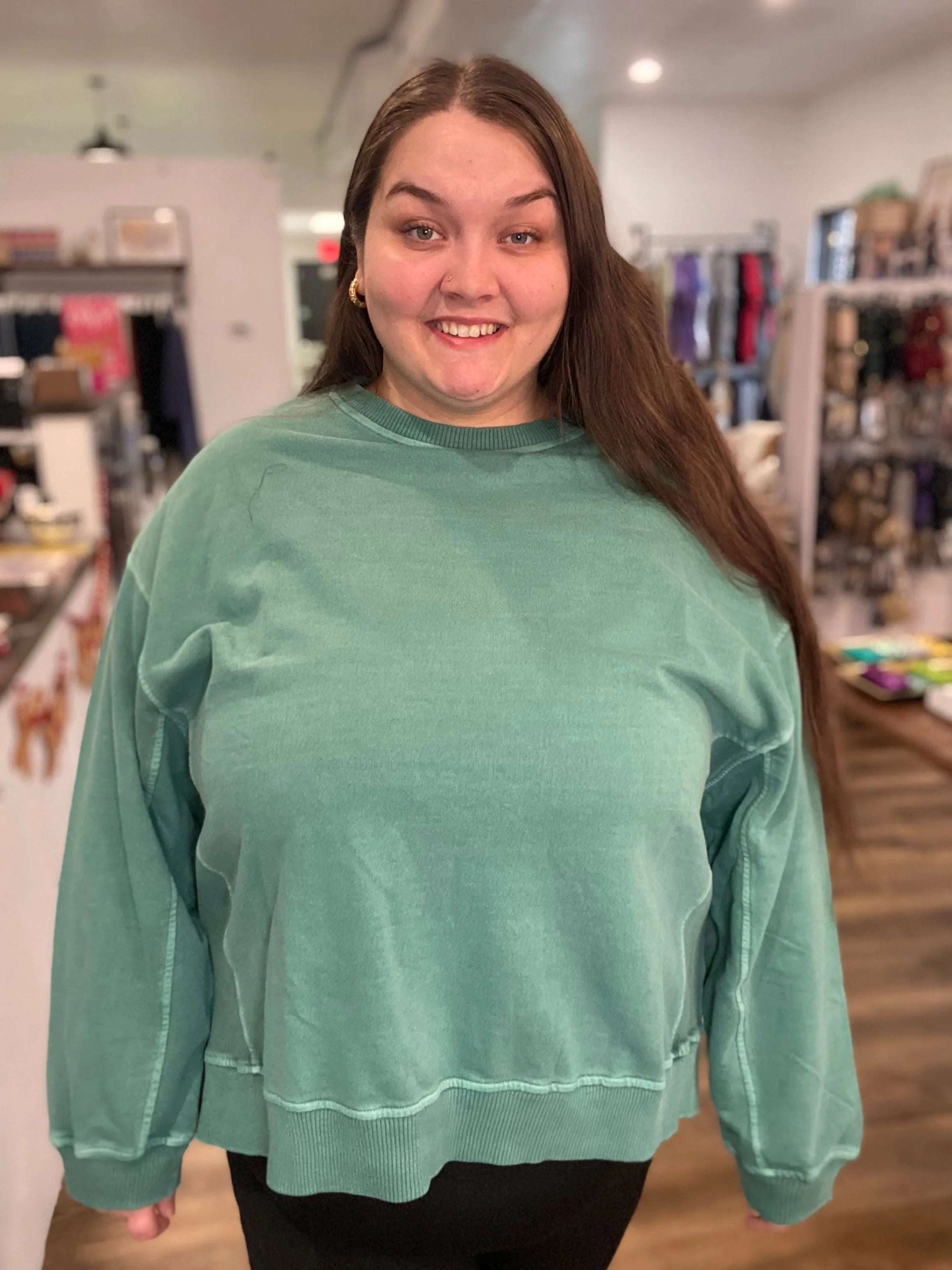 Shop Pigment Dyed Pullover with Side Slits - Green- at Ruby Joy Boutique, a Women's Clothing Store in Pickerington, Ohio
