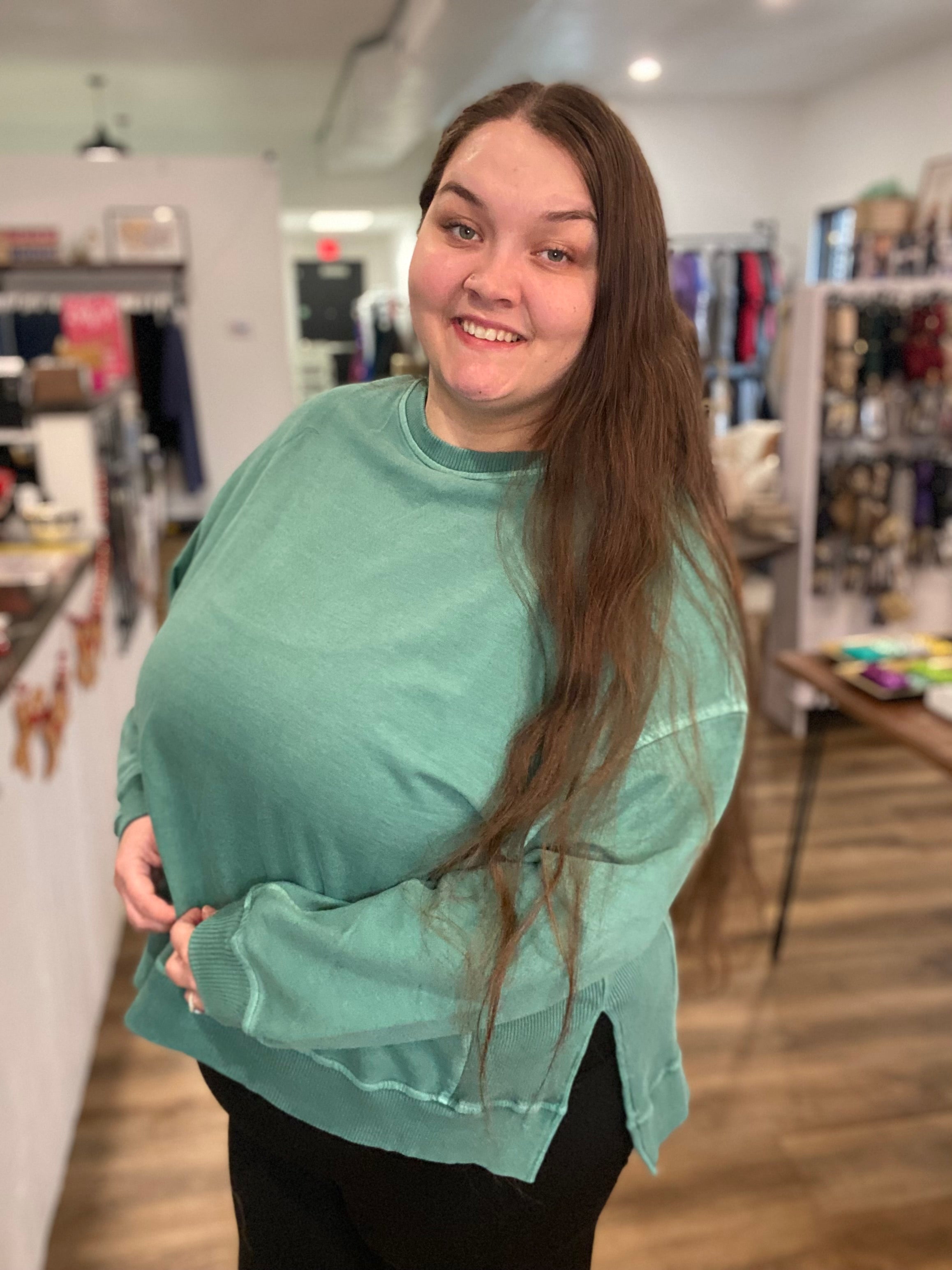 Shop Pigment Dyed Pullover with Side Slits - Green- at Ruby Joy Boutique, a Women's Clothing Store in Pickerington, Ohio