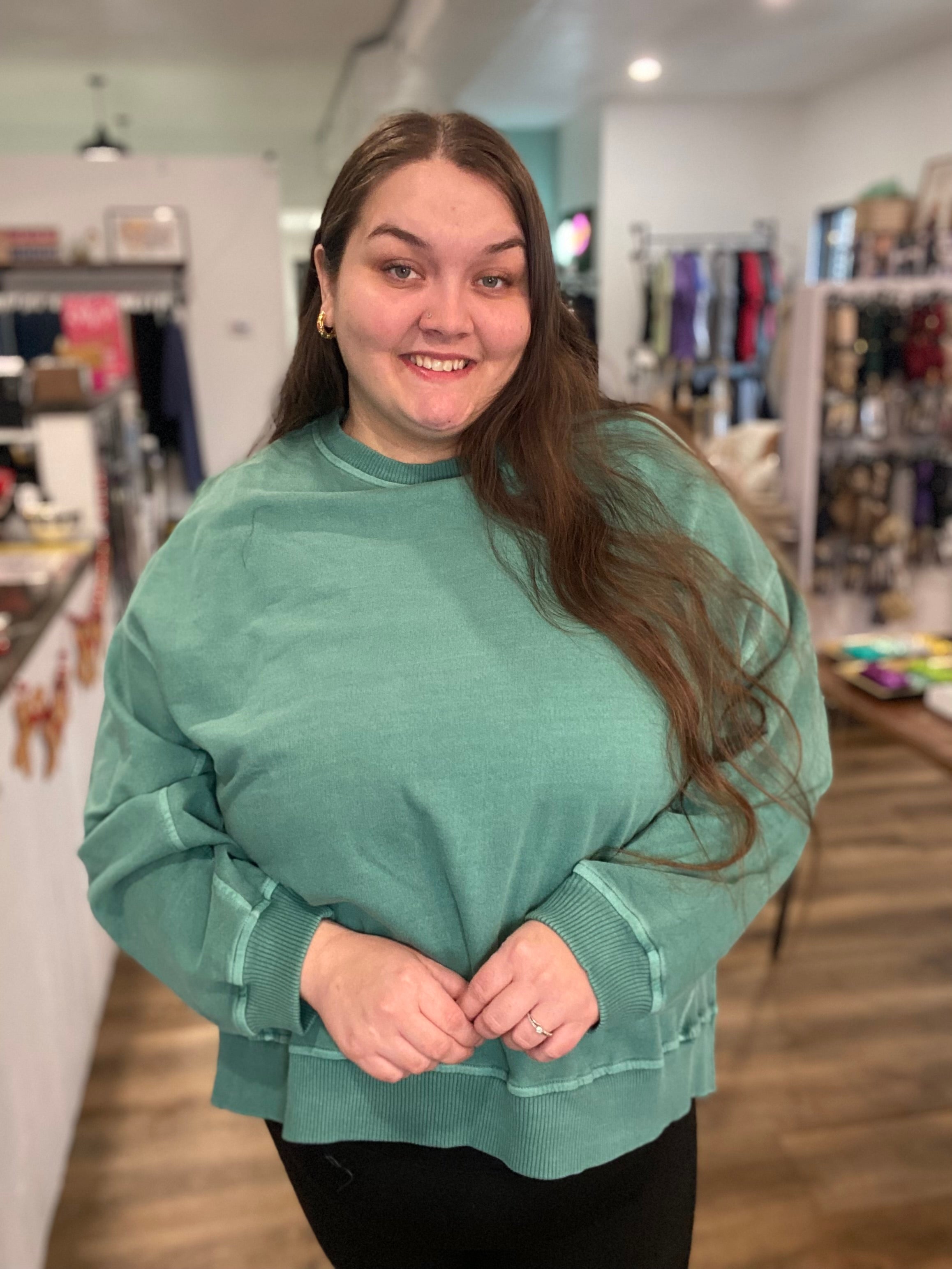 Shop Pigment Dyed Pullover with Side Slits - Green- at Ruby Joy Boutique, a Women's Clothing Store in Pickerington, Ohio