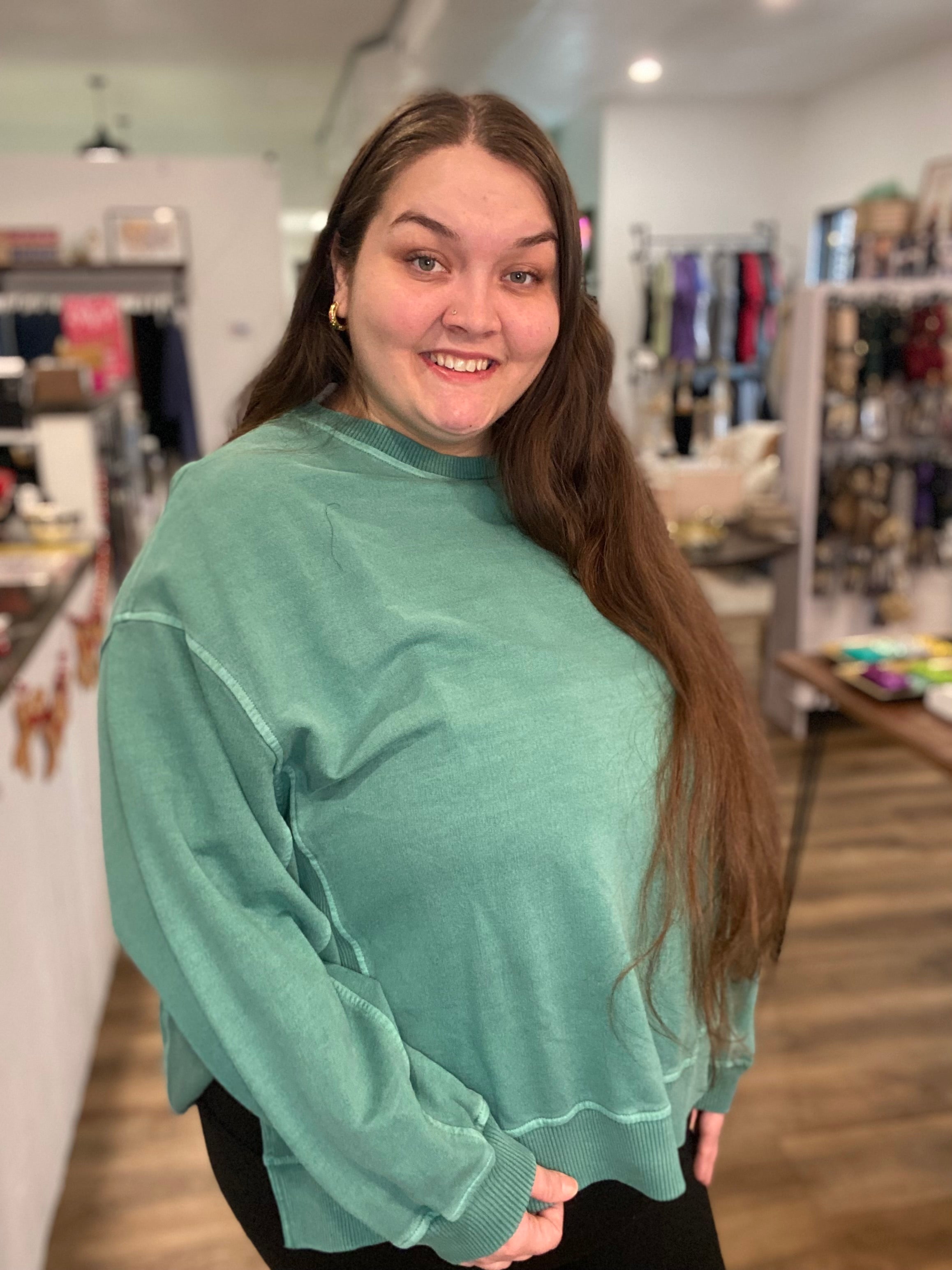 Shop Pigment Dyed Pullover with Side Slits - Green- at Ruby Joy Boutique, a Women's Clothing Store in Pickerington, Ohio