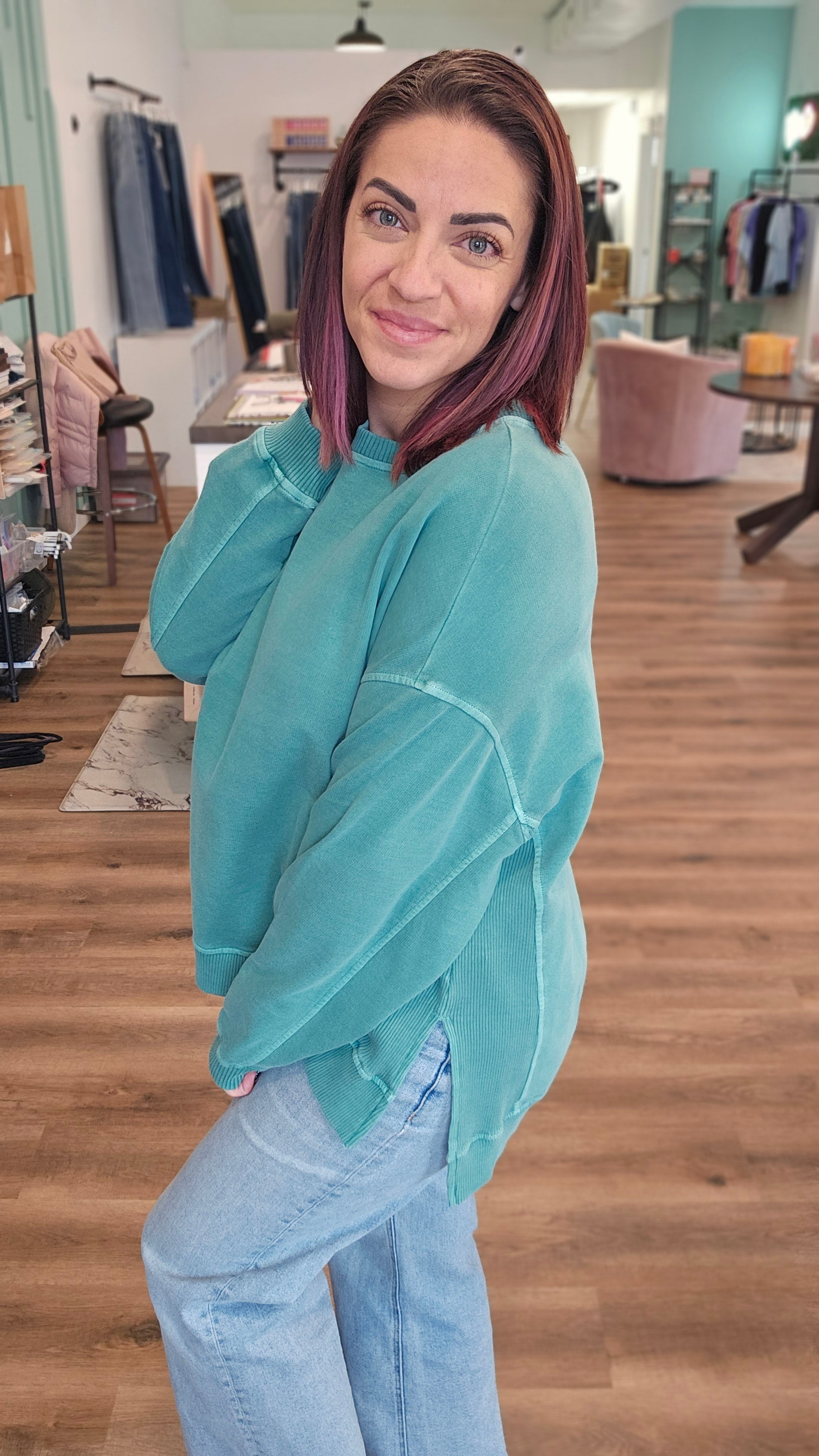Shop Pigment Dyed Pullover with Side Slits - Green- at Ruby Joy Boutique, a Women's Clothing Store in Pickerington, Ohio