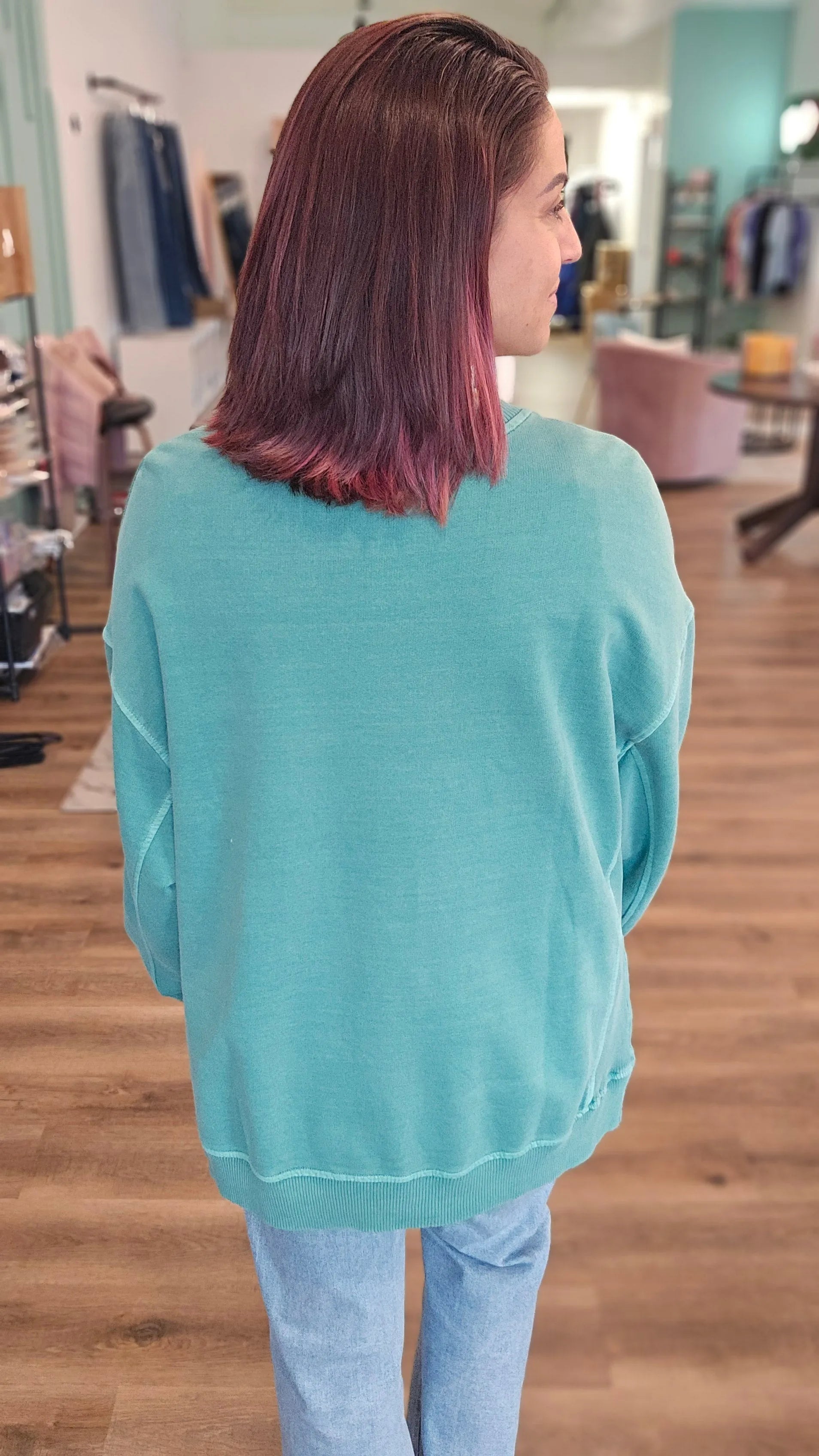 Shop Pigment Dyed Pullover with Side Slits - Green- at Ruby Joy Boutique, a Women's Clothing Store in Pickerington, Ohio