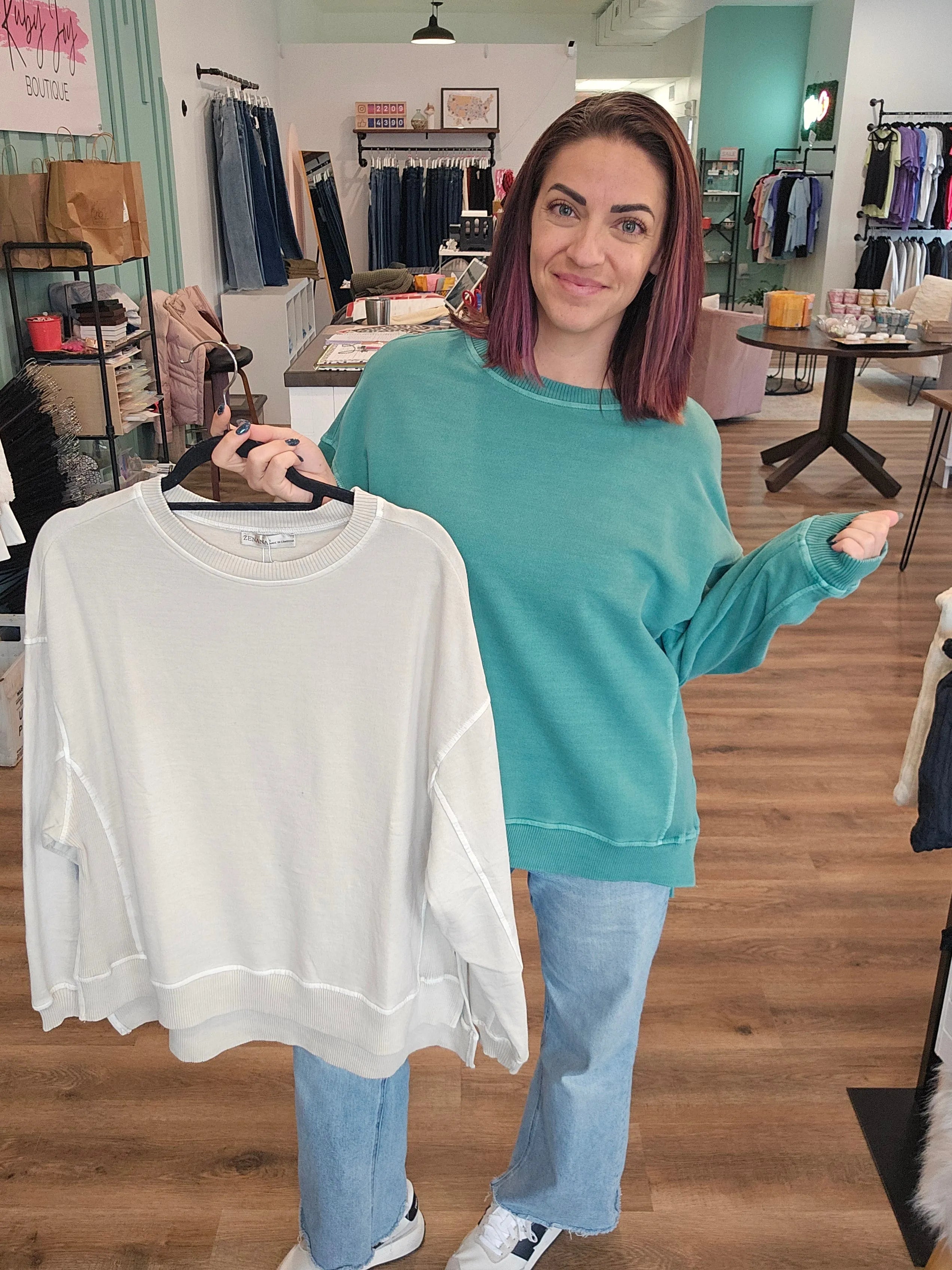 Shop Pigment Dyed Pullover with Side Slits - Green- at Ruby Joy Boutique, a Women's Clothing Store in Pickerington, Ohio