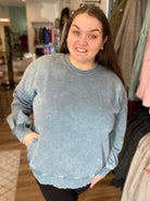 Shop Pigment Dyed Tunic Sweatshirt with Pockets - Blue Gray-Sweatshirt at Ruby Joy Boutique, a Women's Clothing Store in Pickerington, Ohio