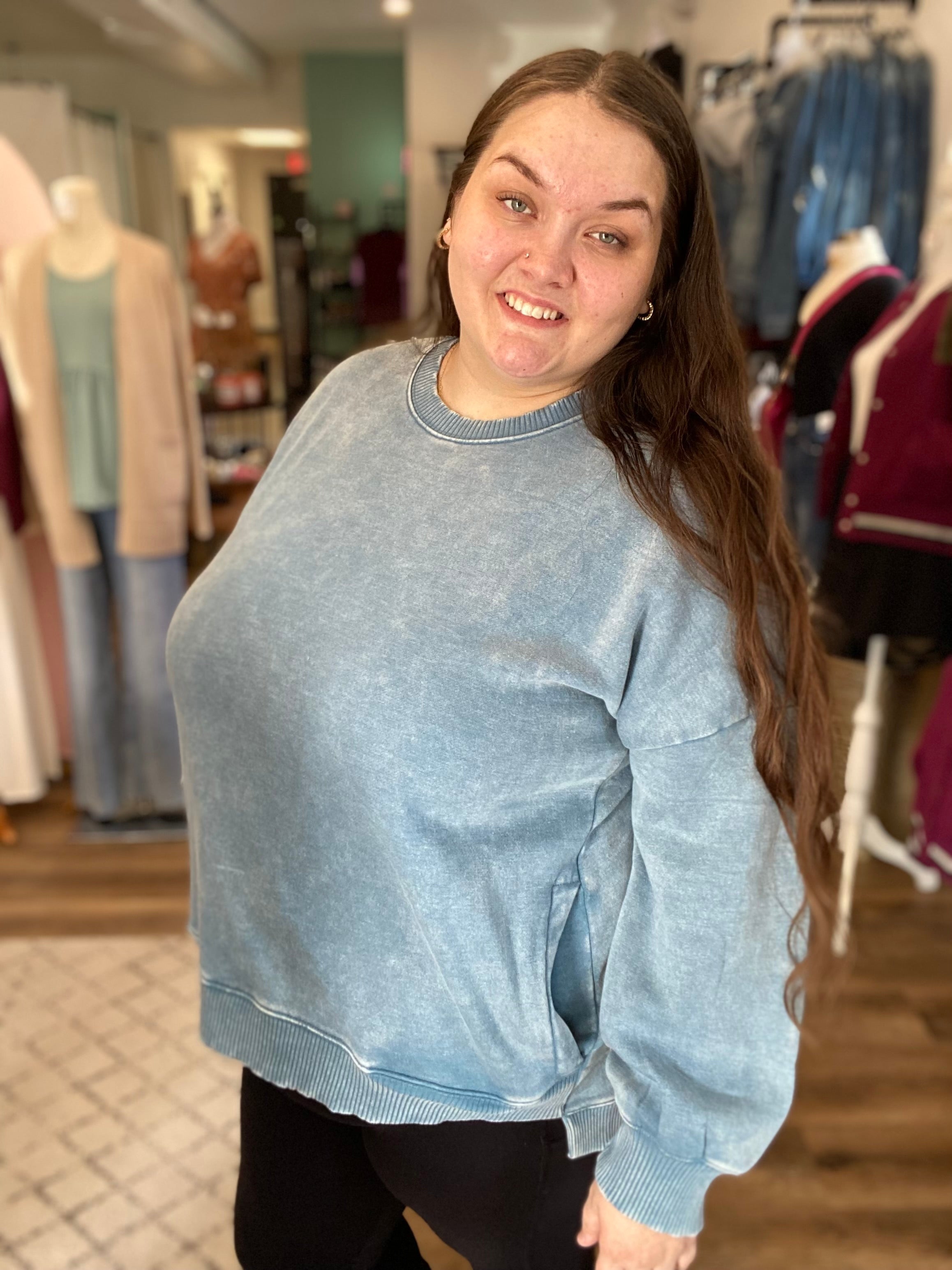 Shop Pigment Dyed Tunic Sweatshirt with Pockets - Blue Gray-Sweatshirt at Ruby Joy Boutique, a Women's Clothing Store in Pickerington, Ohio