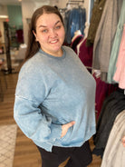 Shop Pigment Dyed Tunic Sweatshirt with Pockets - Blue Gray-Sweatshirt at Ruby Joy Boutique, a Women's Clothing Store in Pickerington, Ohio