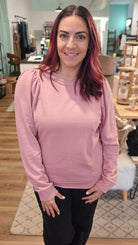 Shop Pink Puff Sleeve Sweatshirt-Sweatshirt at Ruby Joy Boutique, a Women's Clothing Store in Pickerington, Ohio