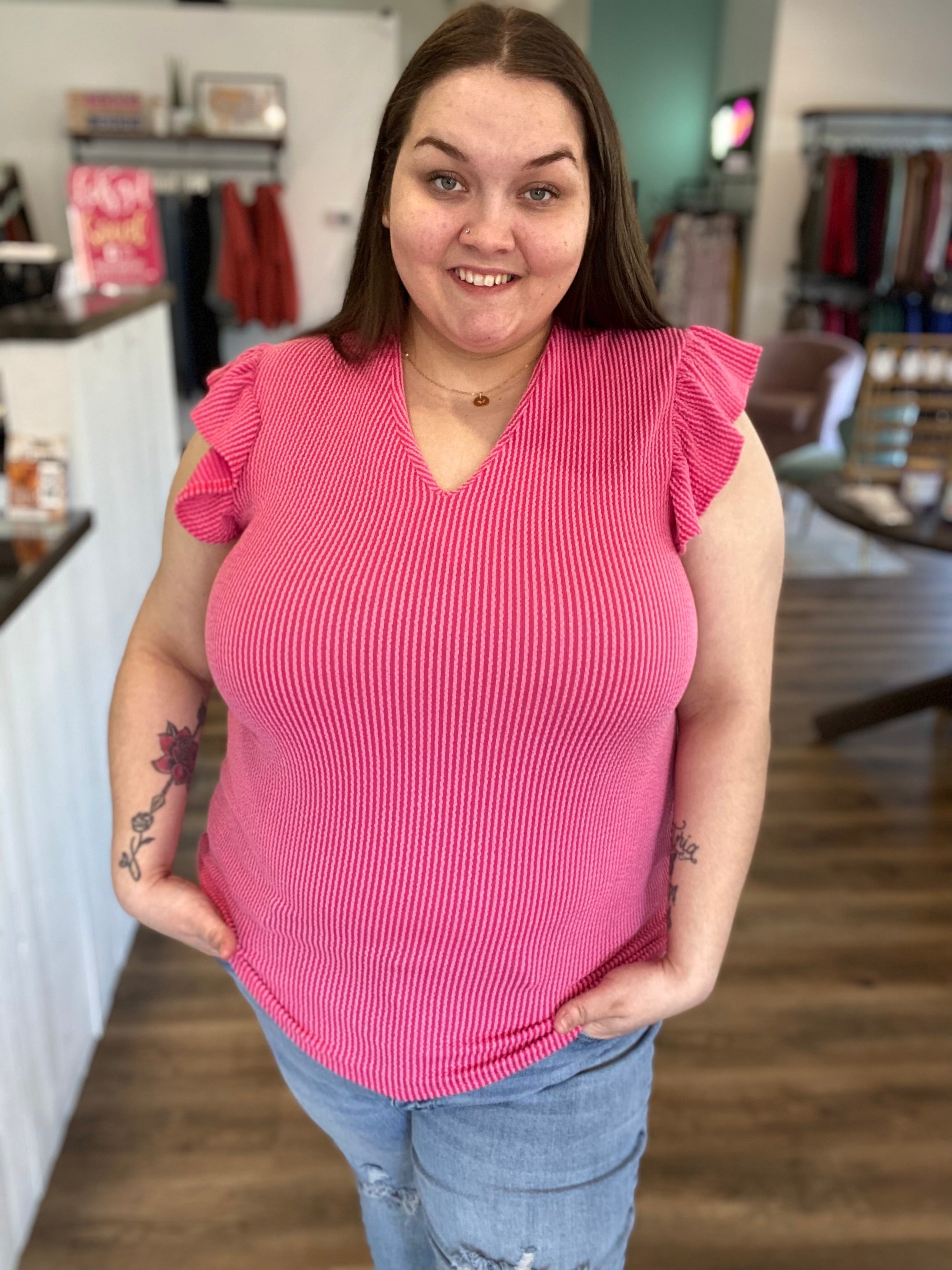 Shop Pink Ruffle Sleeve Ribbed Tank-Shirts & Tops at Ruby Joy Boutique, a Women's Clothing Store in Pickerington, Ohio