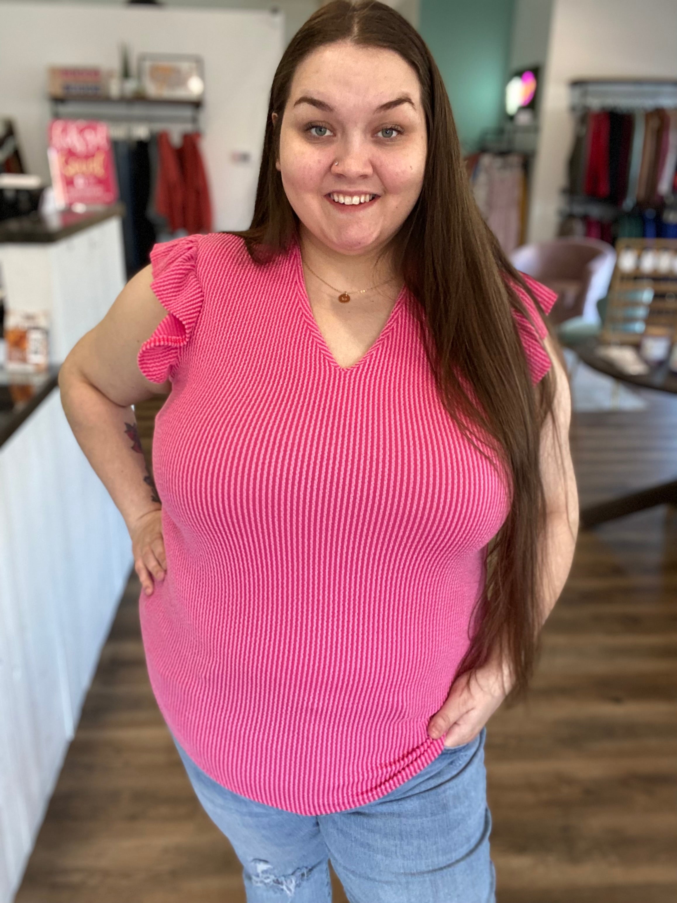 Shop Pink Ruffle Sleeve Ribbed Tank-Shirts & Tops at Ruby Joy Boutique, a Women's Clothing Store in Pickerington, Ohio
