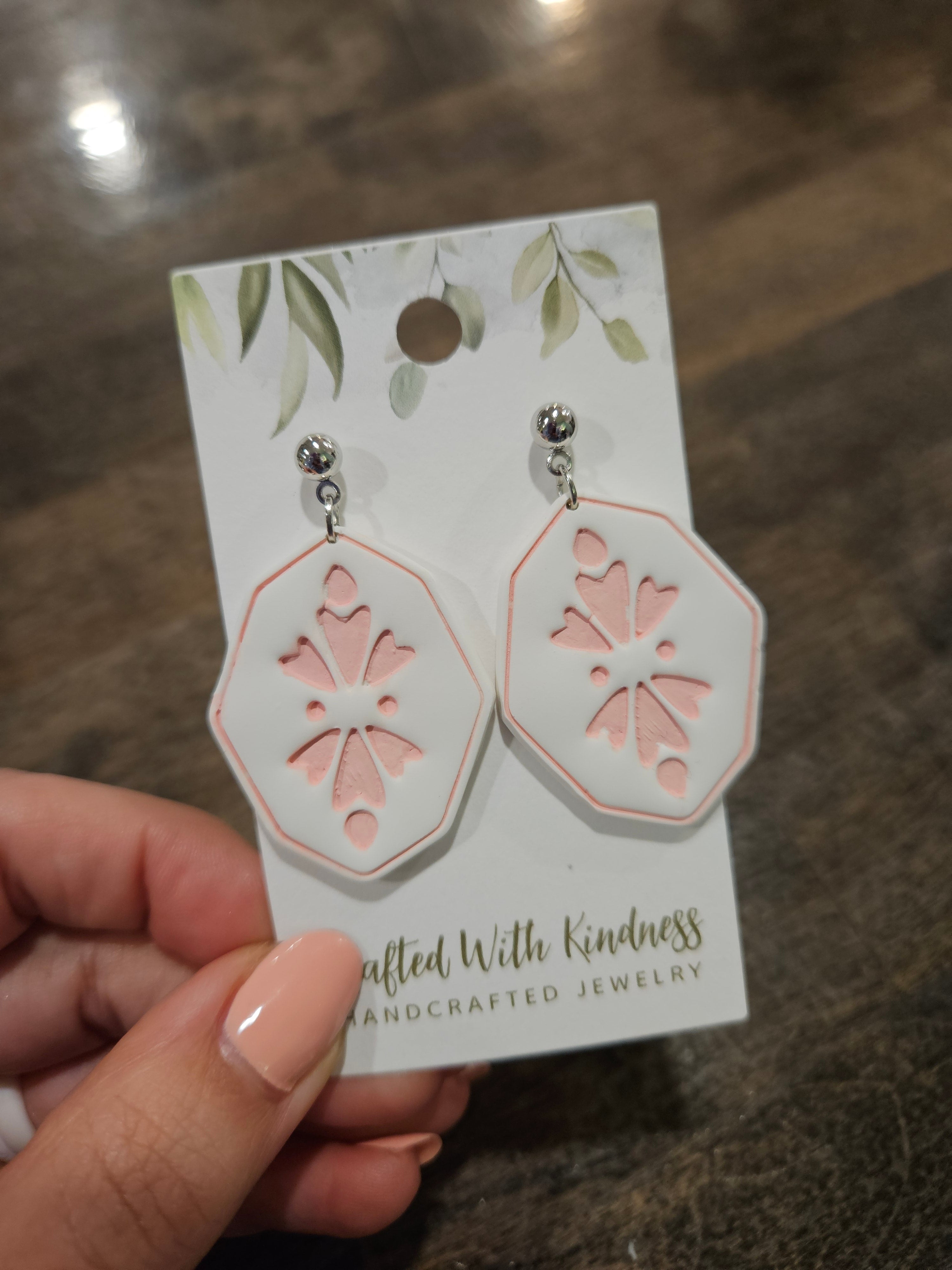 Shop Pink and White Embossed Clay Earrings-Earrings at Ruby Joy Boutique, a Women's Clothing Store in Pickerington, Ohio