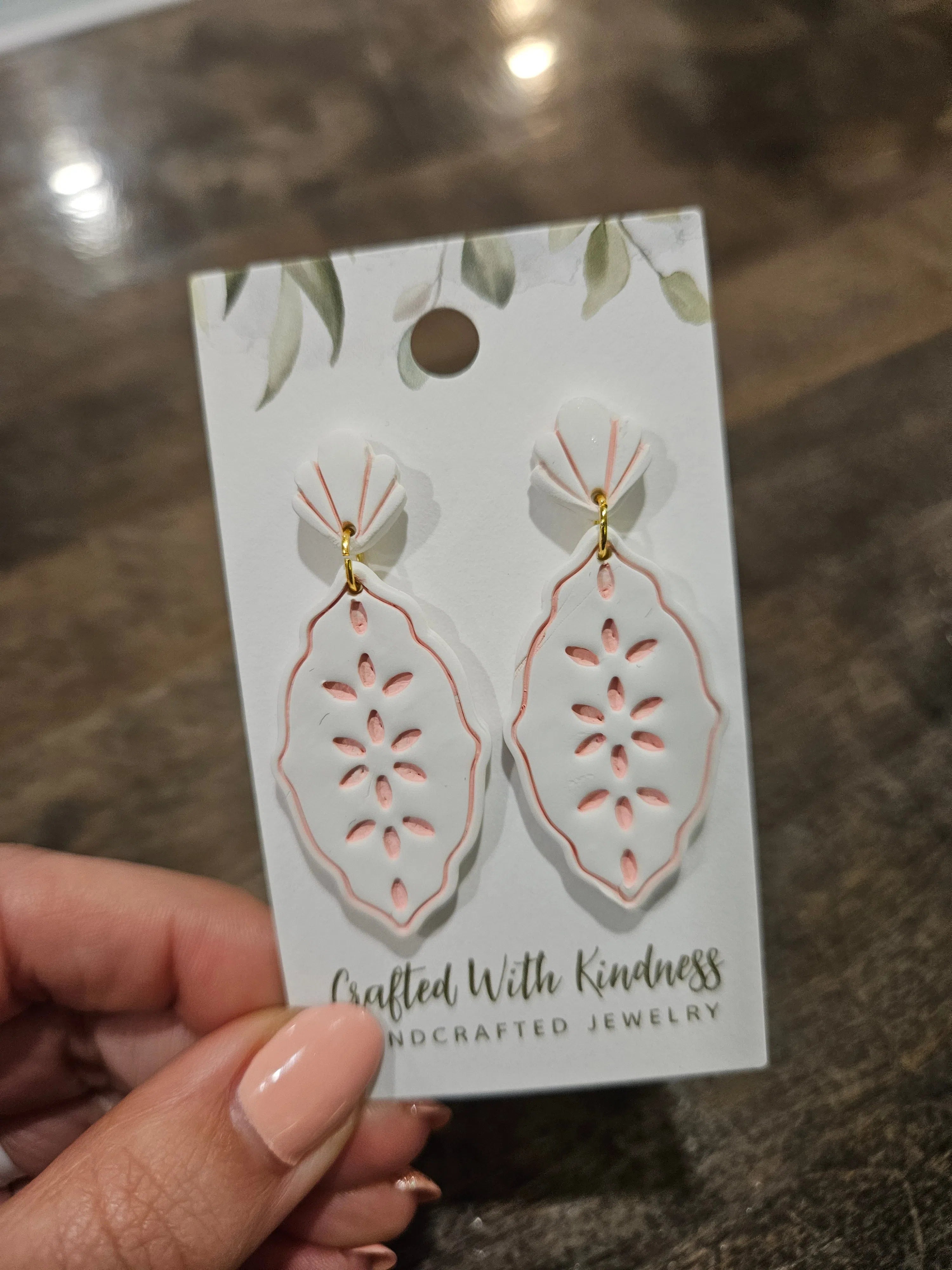 Shop Pink and White Floral Embossed Clay Earrings-Earrings at Ruby Joy Boutique, a Women's Clothing Store in Pickerington, Ohio