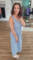 Shop Pinstriped Tie-Front Midi Dress- at Ruby Joy Boutique, a Women's Clothing Store in Pickerington, Ohio