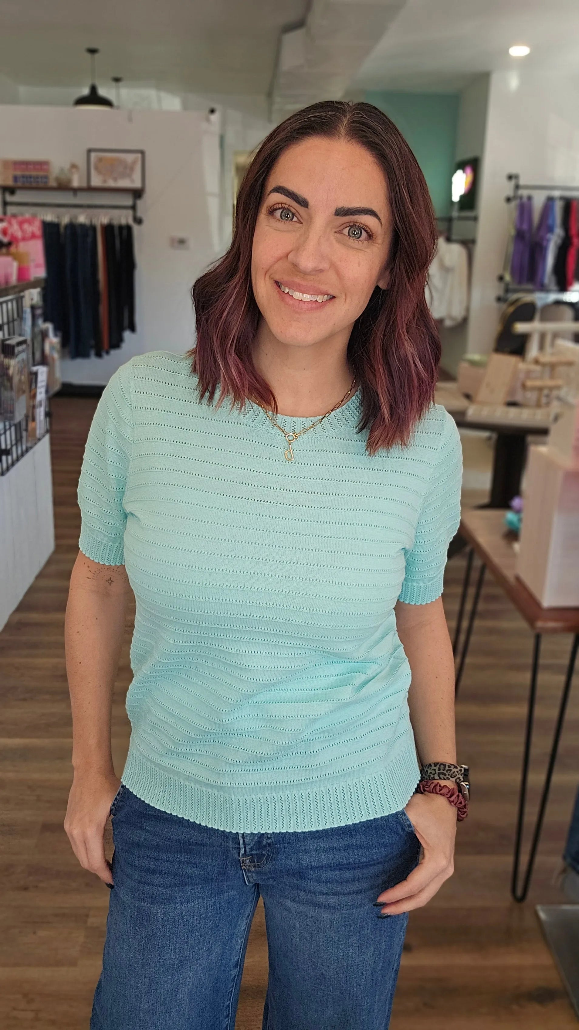 Shop Pointelle Knit Short Sleeve Sweater - Mint- at Ruby Joy Boutique, a Women's Clothing Store in Pickerington, Ohio