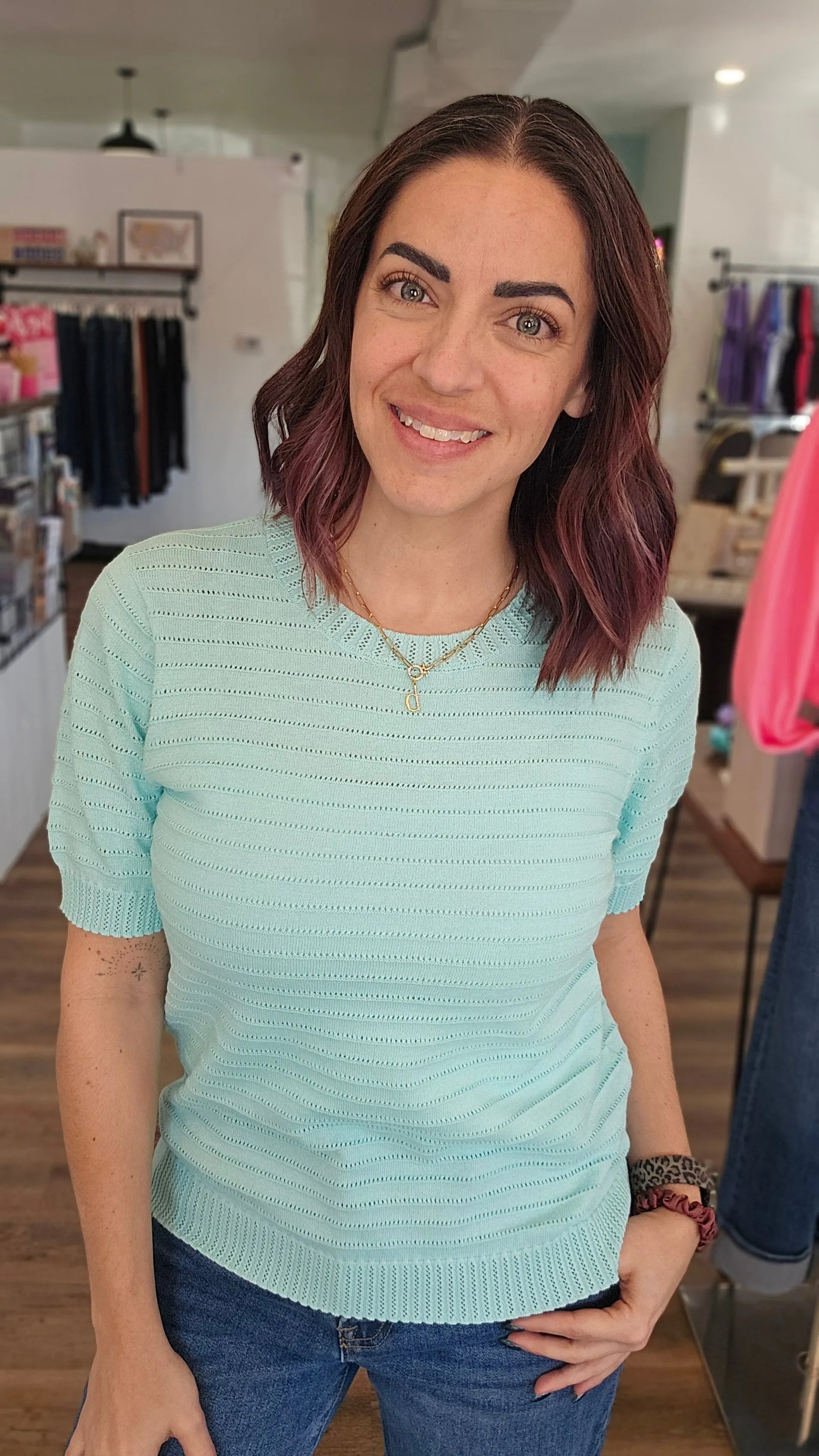 Shop Pointelle Knit Short Sleeve Sweater - Mint- at Ruby Joy Boutique, a Women's Clothing Store in Pickerington, Ohio