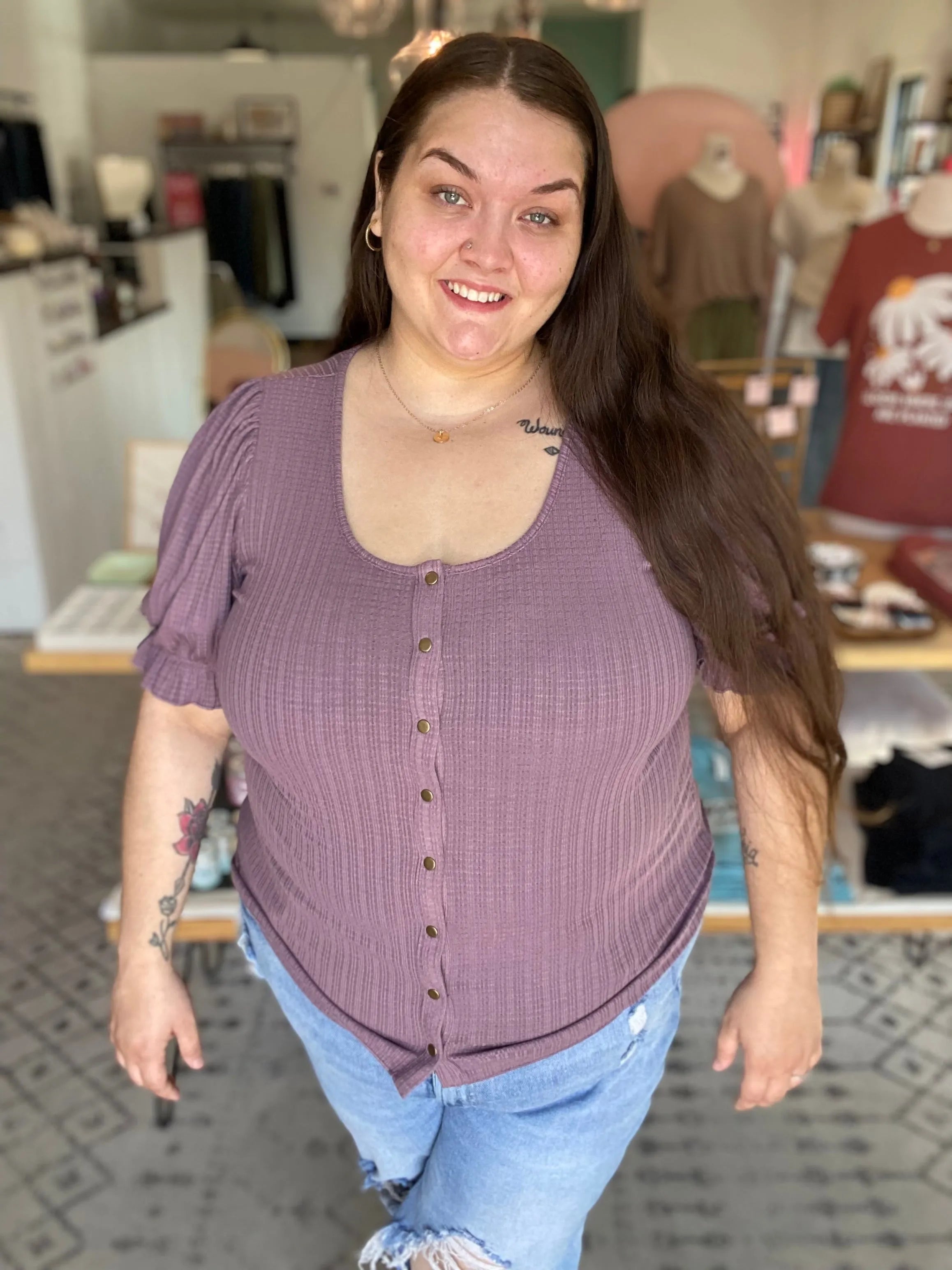 Shop Pointelle Puff Sleeve Snap Front Top- at Ruby Joy Boutique, a Women's Clothing Store in Pickerington, Ohio