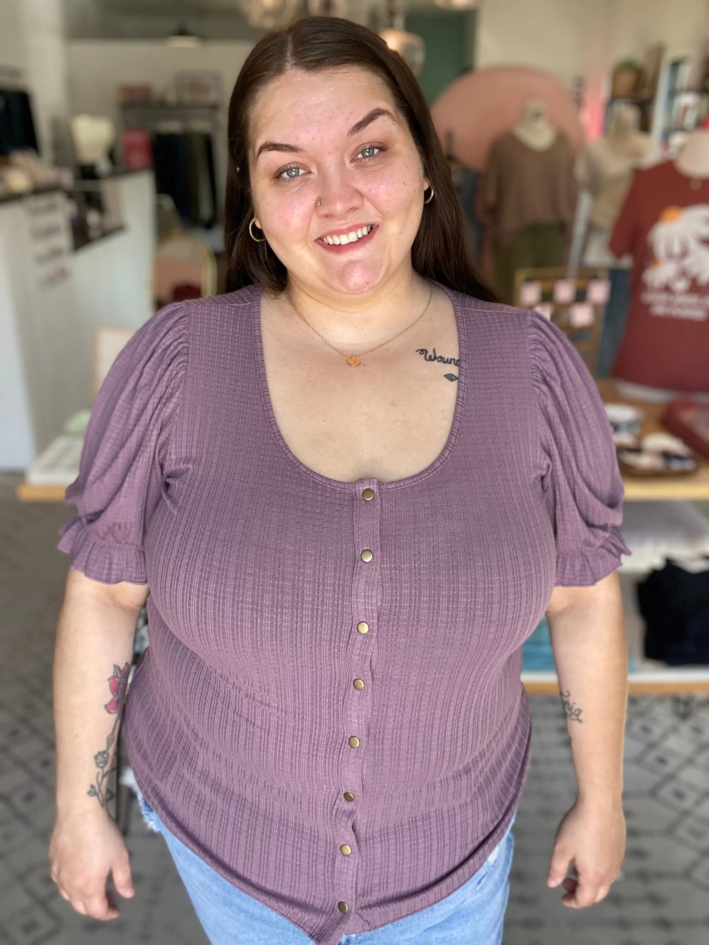 Shop Pointelle Puff Sleeve Snap Front Top- at Ruby Joy Boutique, a Women's Clothing Store in Pickerington, Ohio