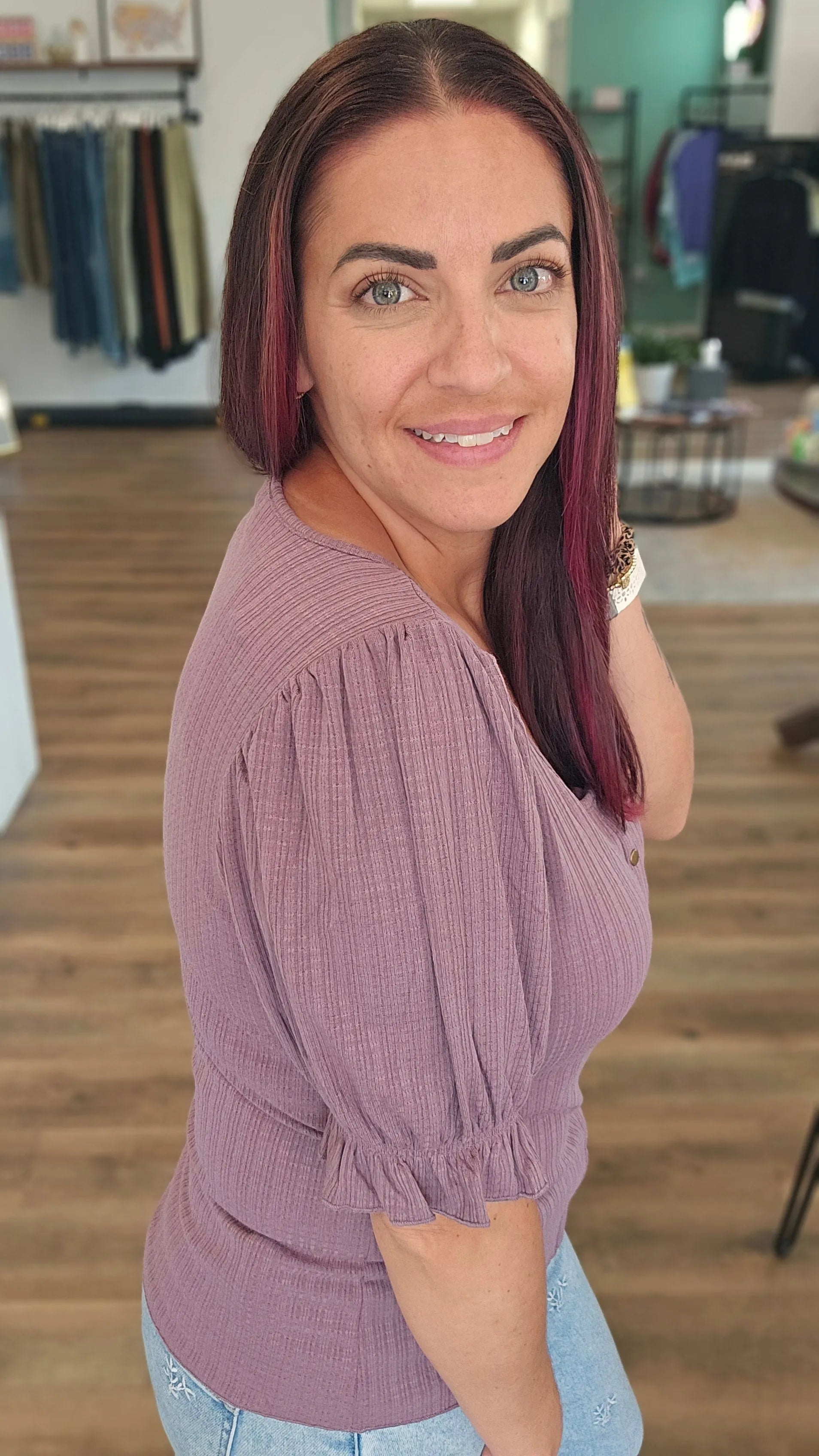 Shop Pointelle Puff Sleeve Snap Front Top- at Ruby Joy Boutique, a Women's Clothing Store in Pickerington, Ohio