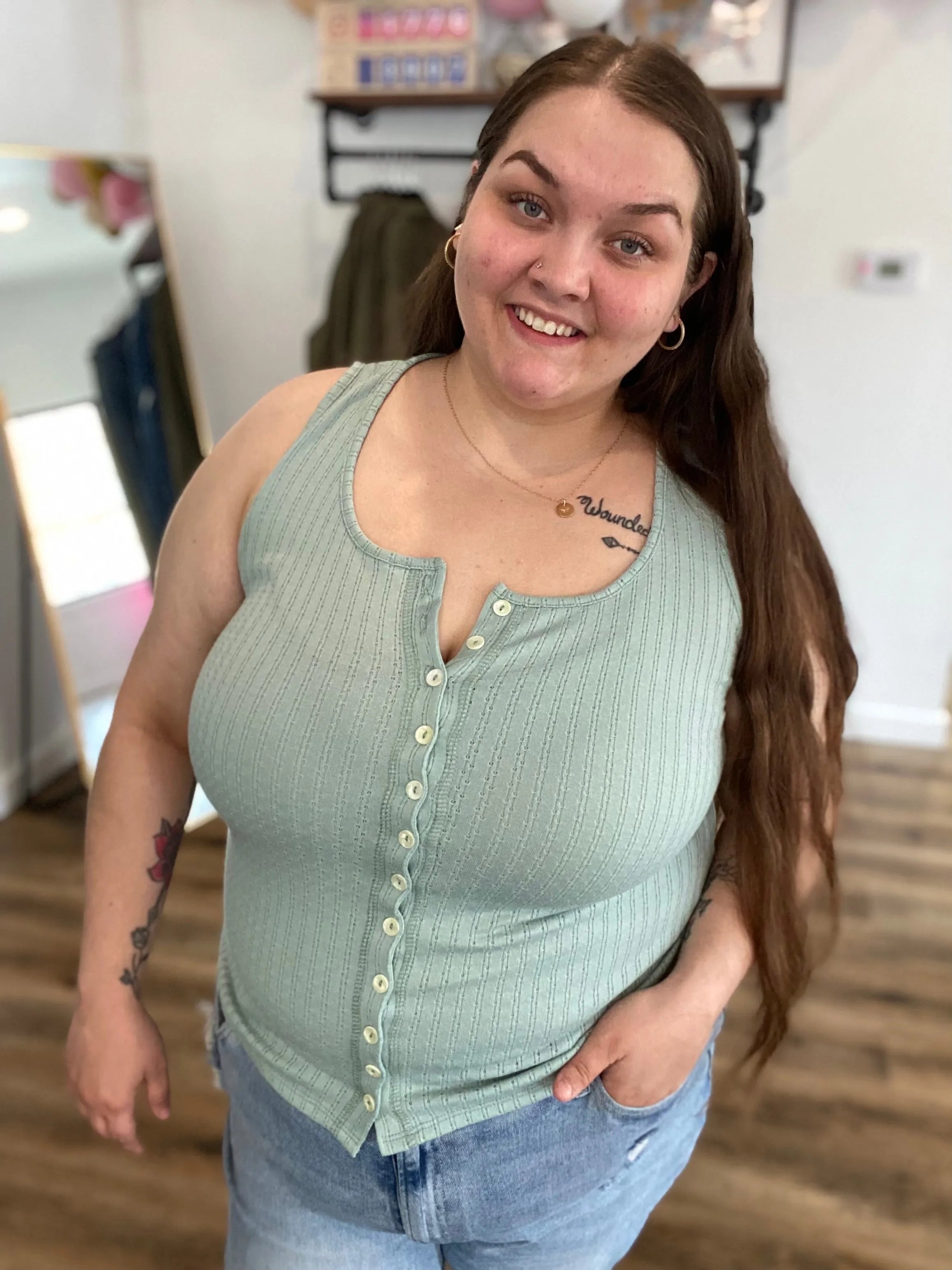 Shop Pointelle Tank Top - Sage- at Ruby Joy Boutique, a Women's Clothing Store in Pickerington, Ohio