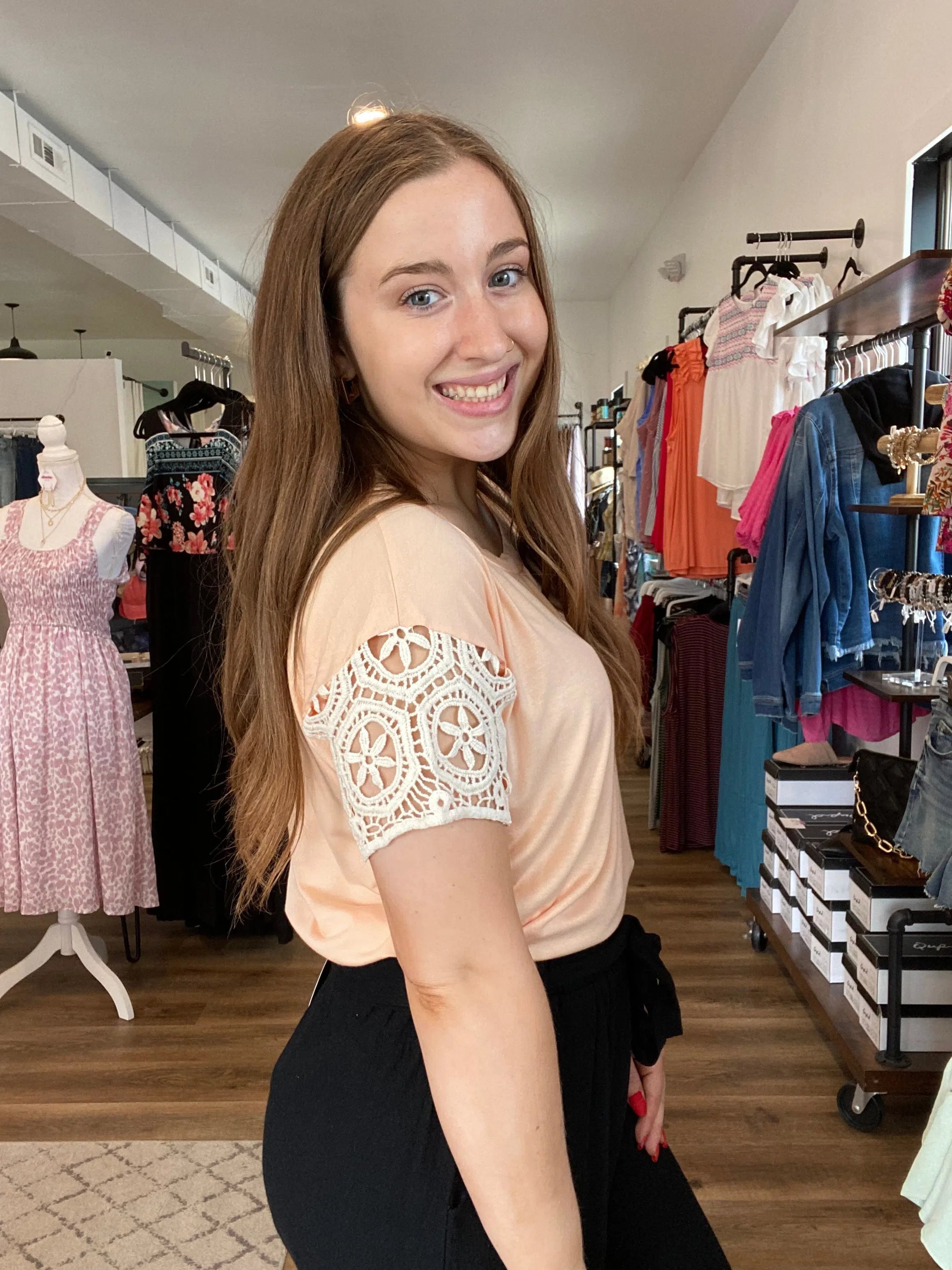 Shop Posie Lace Sleeve Top-Shirts & Tops at Ruby Joy Boutique, a Women's Clothing Store in Pickerington, Ohio