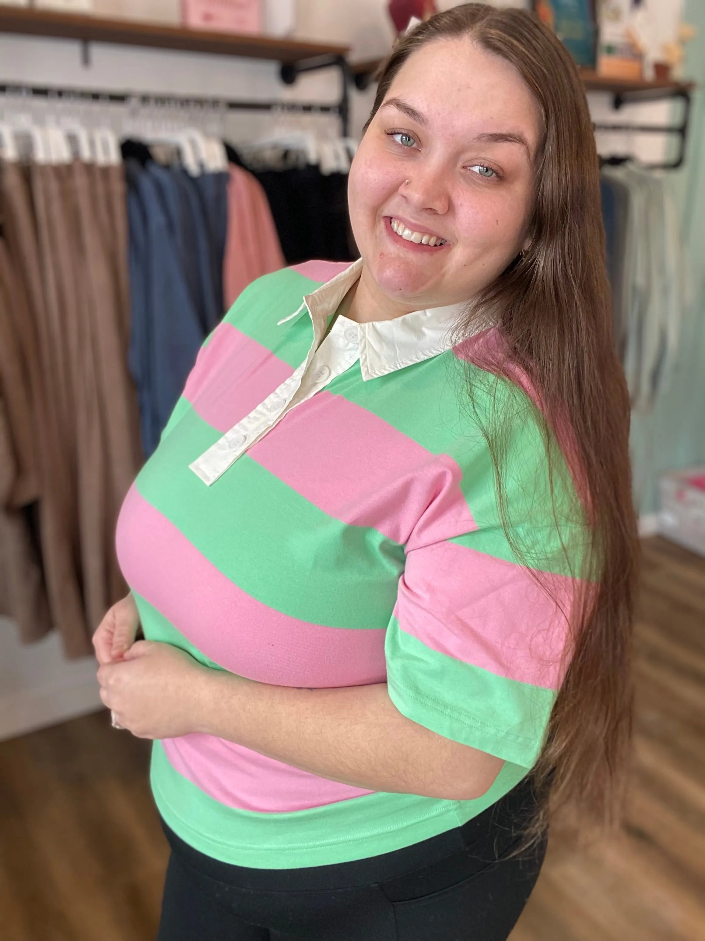 Shop Preppy Oversized Striped Polo – Green & Pink- at Ruby Joy Boutique, a Women's Clothing Store in Pickerington, Ohio