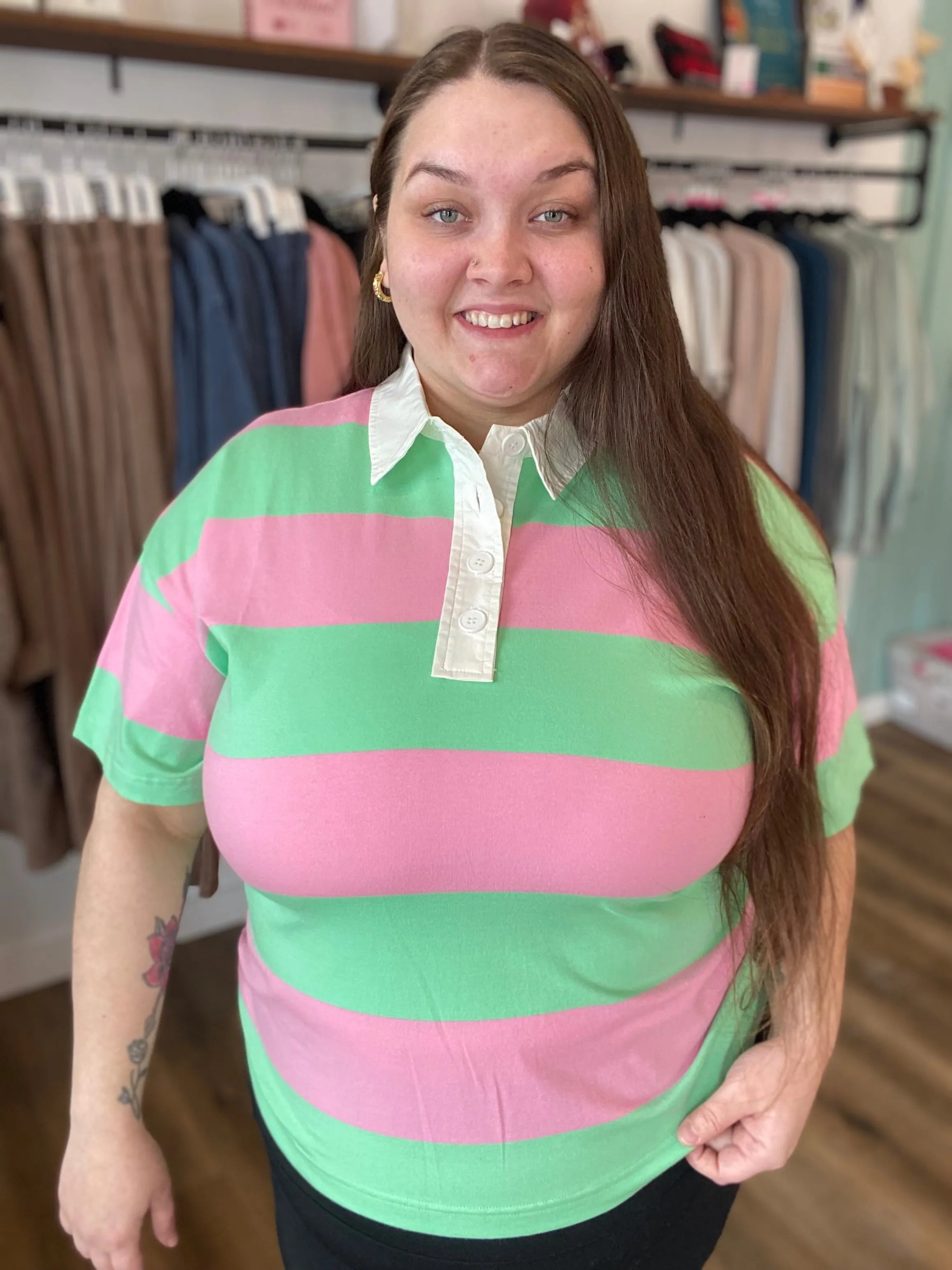 Shop Preppy Oversized Striped Polo – Green & Pink- at Ruby Joy Boutique, a Women's Clothing Store in Pickerington, Ohio