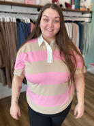Shop Preppy Oversized Striped Polo - Taupe and Pink- at Ruby Joy Boutique, a Women's Clothing Store in Pickerington, Ohio