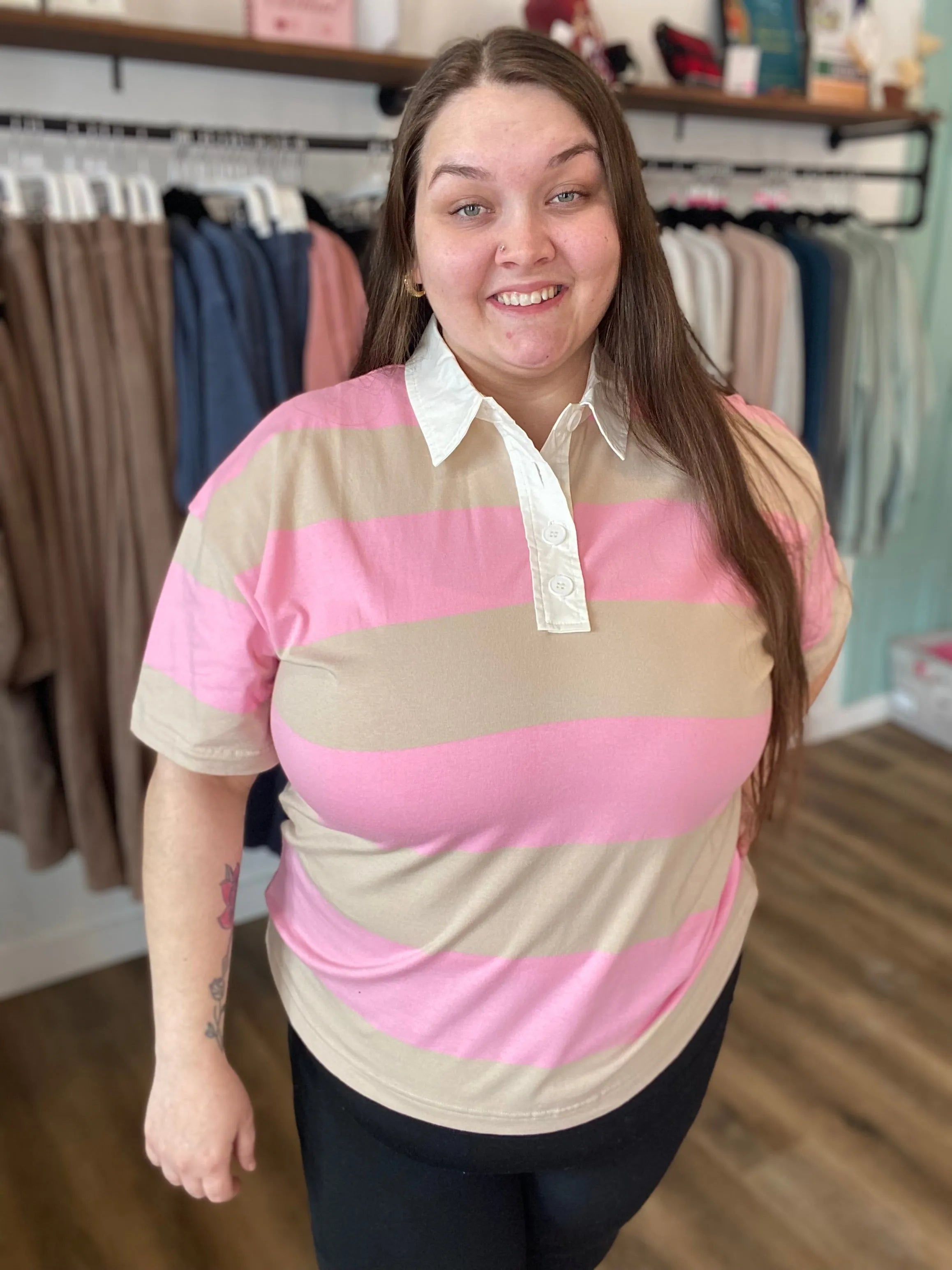 Shop Preppy Oversized Striped Polo - Taupe and Pink- at Ruby Joy Boutique, a Women's Clothing Store in Pickerington, Ohio