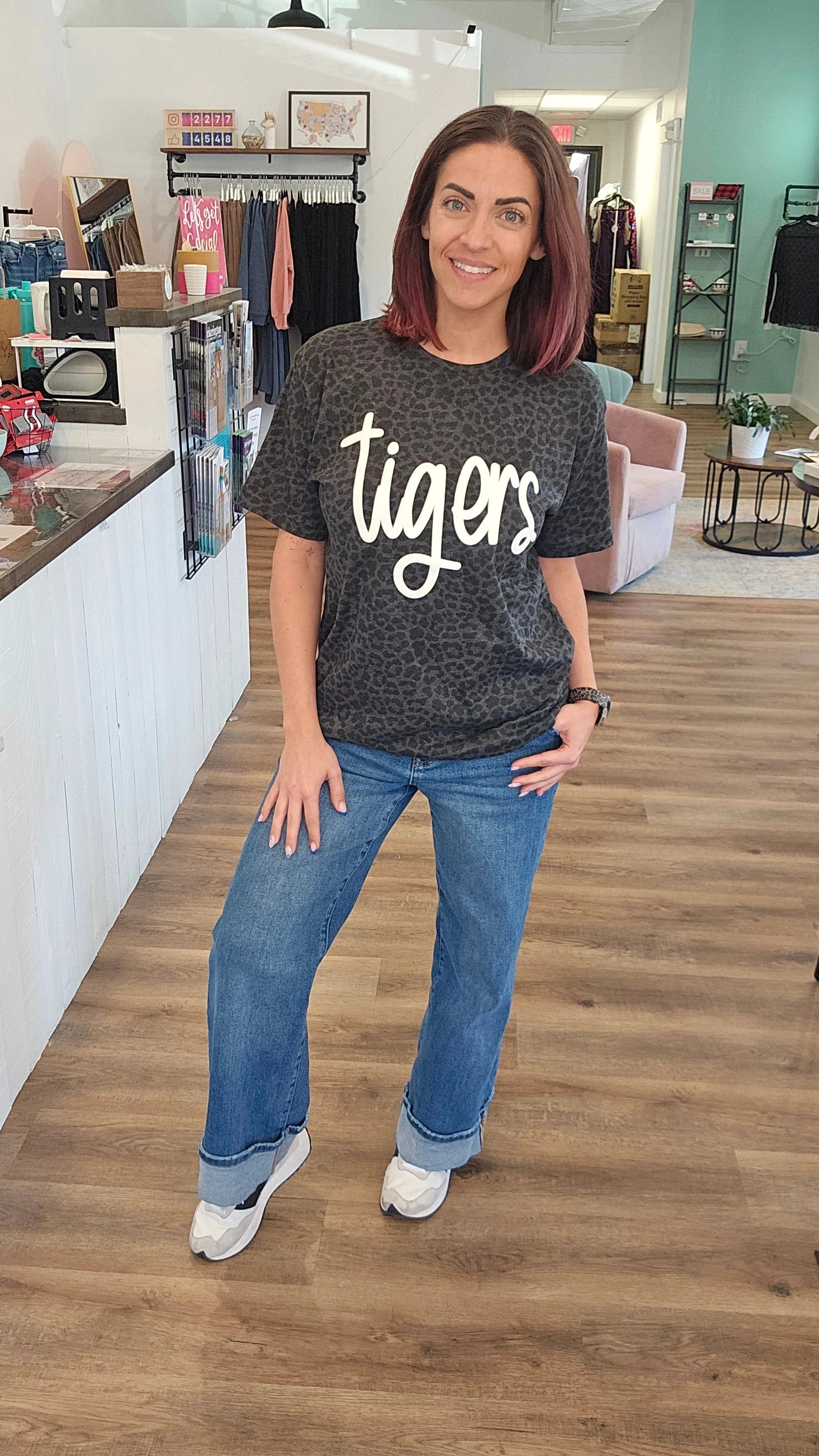 Shop Puff Print Script Mascot Leopard Print Tee- at Ruby Joy Boutique, a Women's Clothing Store in Pickerington, Ohio