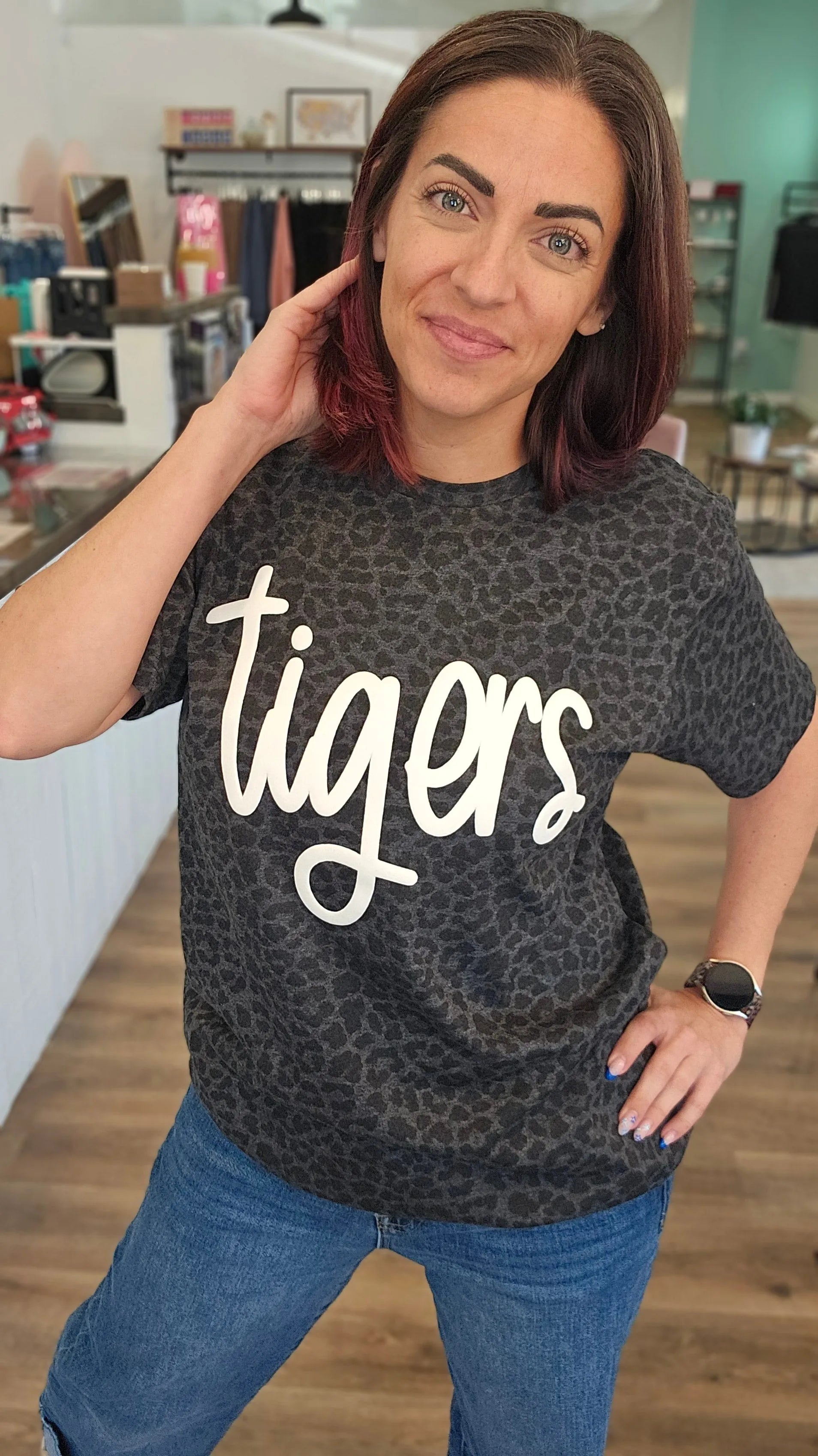 Shop Puff Print Script Mascot Leopard Print Tee- at Ruby Joy Boutique, a Women's Clothing Store in Pickerington, Ohio