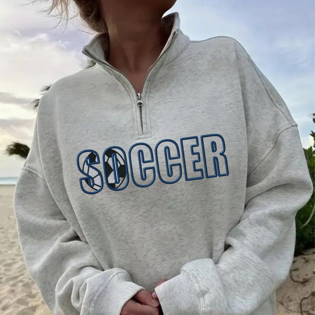 Shop Quarter-Zip Embroidered Sports Sweatshirt-S at Ruby Joy Boutique, a Women's Clothing Store in Pickerington, Ohio