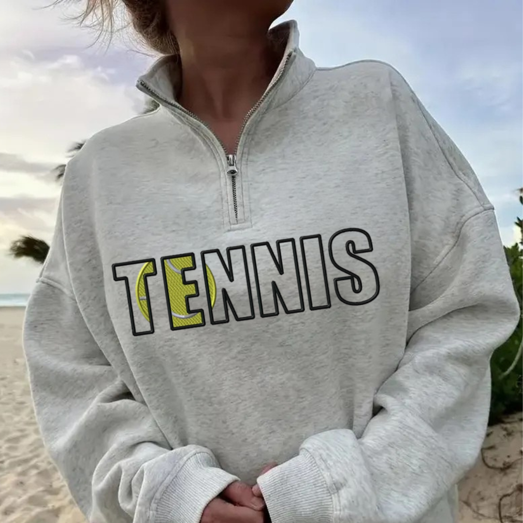 Shop Quarter-Zip Embroidered Sports Sweatshirt-S at Ruby Joy Boutique, a Women's Clothing Store in Pickerington, Ohio