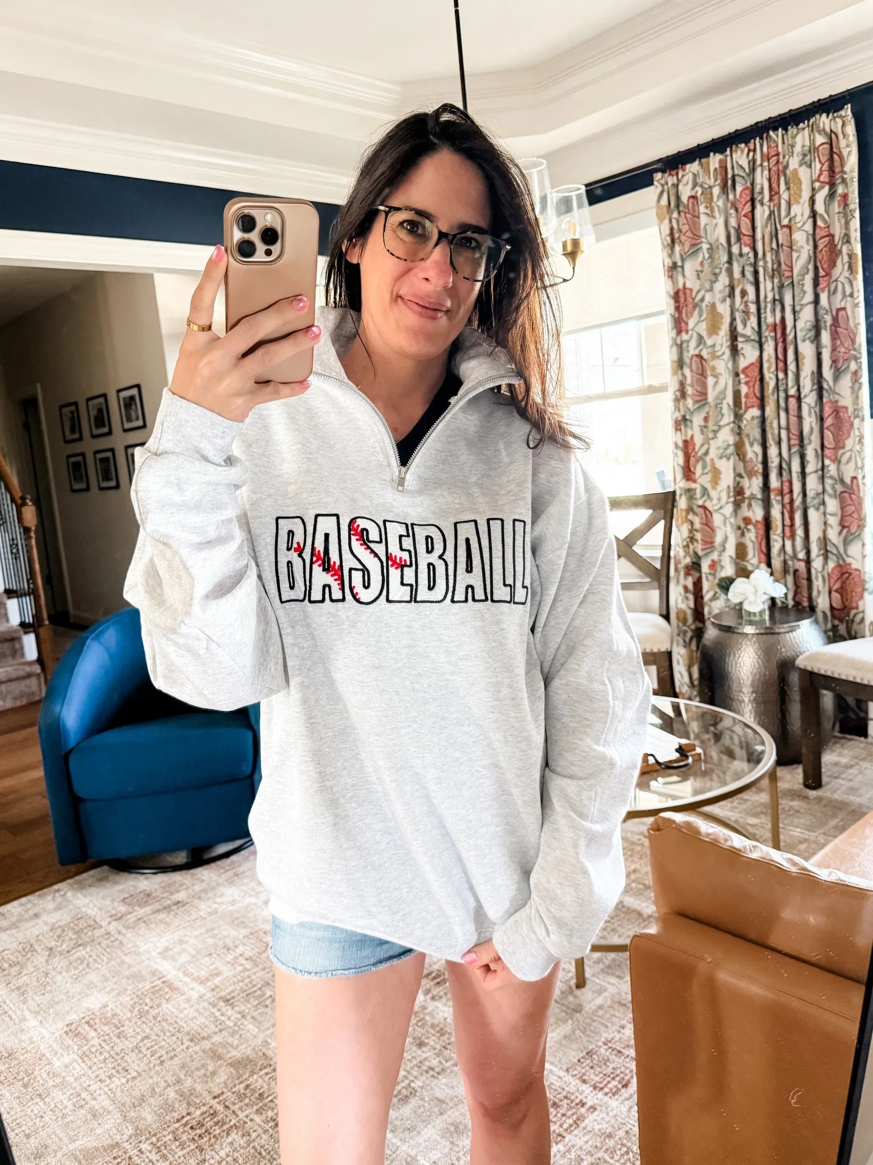 Shop Quarter-Zip Embroidered Sports Sweatshirt-S at Ruby Joy Boutique, a Women's Clothing Store in Pickerington, Ohio