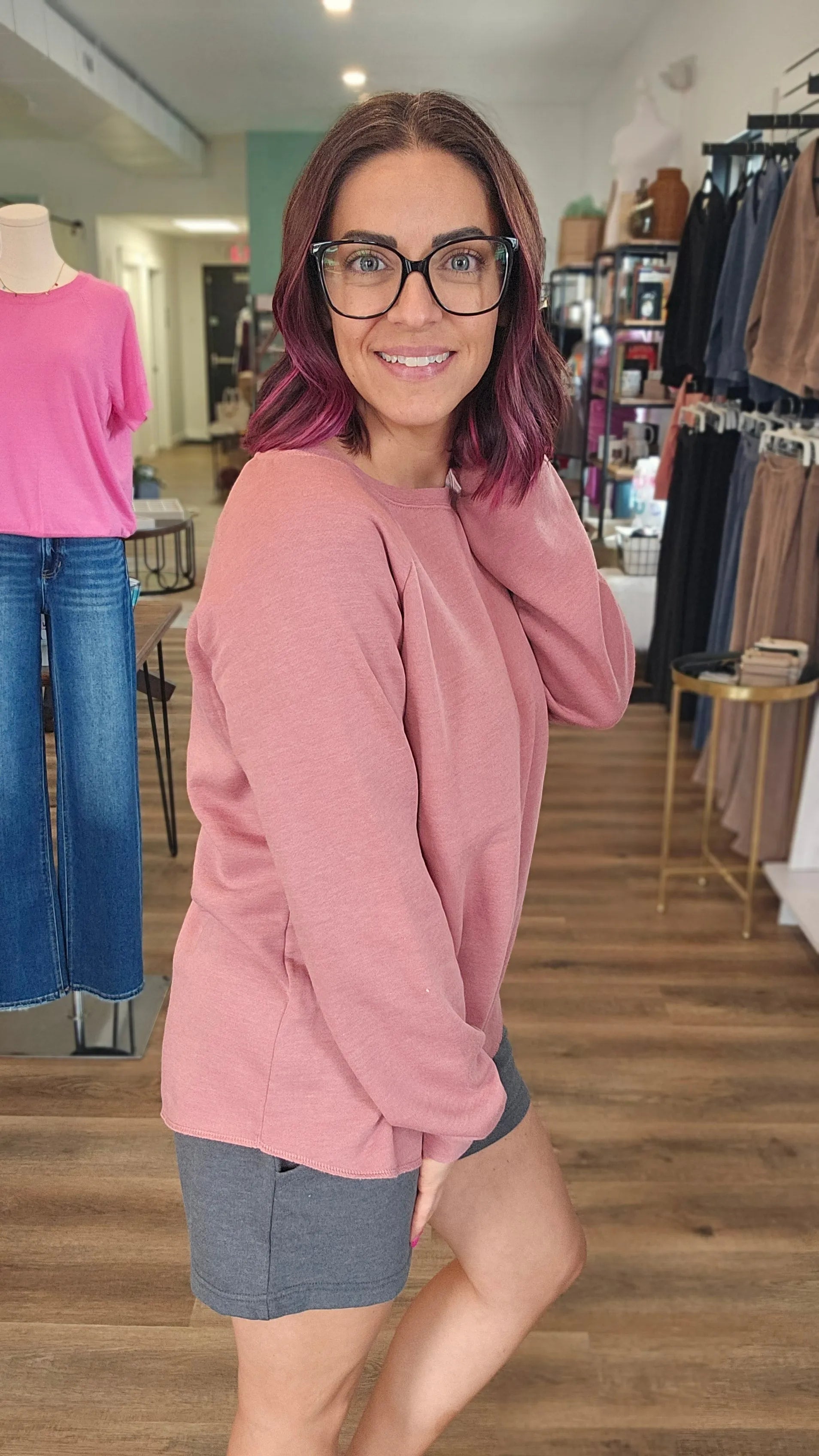 Shop Raglan Crew Neck - Rose- at Ruby Joy Boutique, a Women's Clothing Store in Pickerington, Ohio